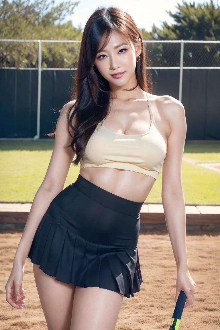 ((Master parts, Best quality,absurderes)),Makoto Shinkai( 1人の女性,soio, Long hair, 21 yeas,Expressive blue eyes,Huge breasts, seios enormes), Cheer Uniforms(((Mini sleeveless gym top, pleatedskirt,White thong panties with bandages, sockes))) , University football field,Other blurred buildings at the bottom of the image, tag,University football field,University football field,University football field