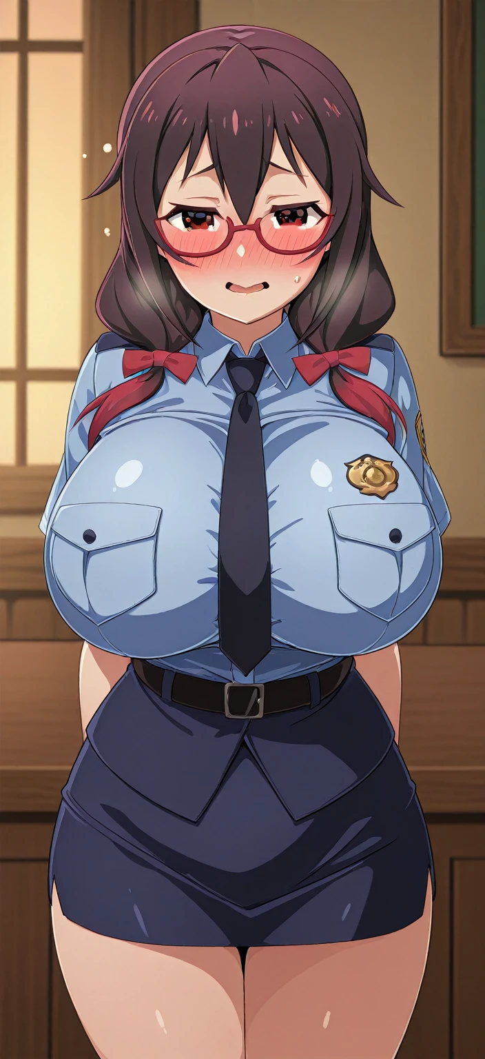 masterpiece, best quality, 1girl, solo, breasts, thighhighs, blue-eyes,, (huge-breasts), gloves, boots, black-hair,, sideboob, garter-straps, purple-thighhighs, skirt,curvy, thighs, full-body, simple-background, miniskirt, looking-at-viewer, cleavage, ((nup, police officer)),(mouth mask),(eye glass),
(nsfw),((cum on breasts)),(nipple),steam,