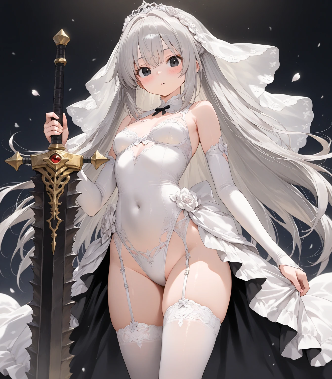 white theme, (masterpiece), (best quality), (detailed), light layer, lustrous skin, (intricate detailed, high heel boots,
covered navel, hair ornament, black choker:1.1), blond hair, long hair, hime cut, blunt bangs, sidelocks, purple eyes, holding sword, BREAK (black background:1.1), medium shot