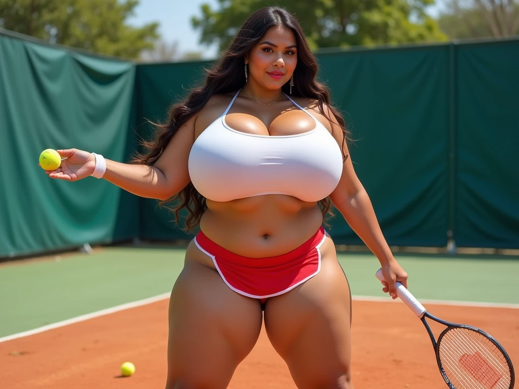 Huge breasted woman in lace bra in a stadium