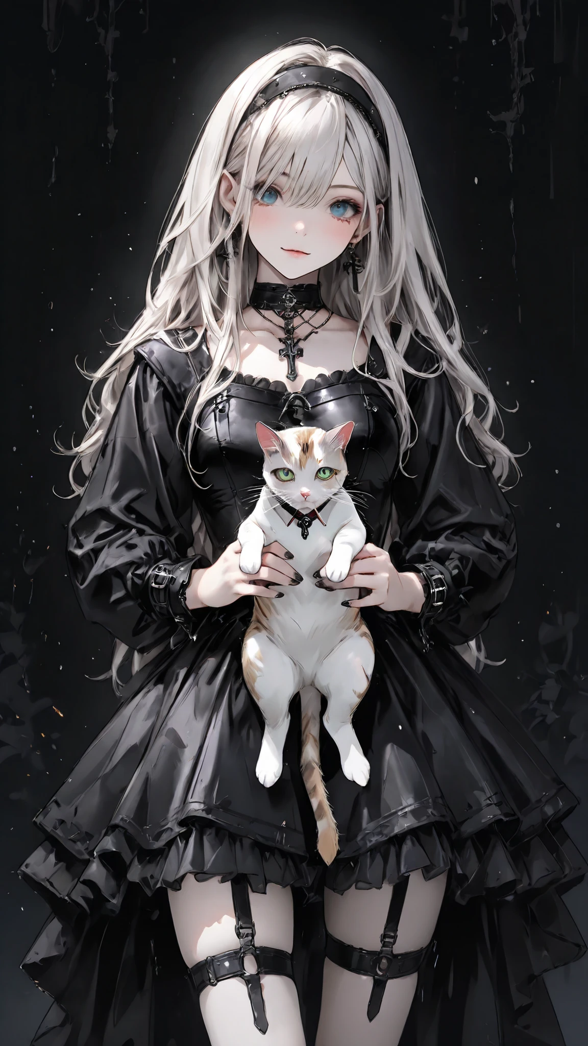 high res , masterpiece, anatomically, top quality, high res model, High Details, Anatomically anatomically, Norman Rockwell & Tim Burton style、Watercolor touch、 Edward Scissorhands、The black leather costume worn at the event、skinny, white-skinned man 、Alone, dark background 、 fantasy shot by Nikon Z7 II mirrorless camera、 horror、 darkness、Gothic、One Girl Playing with Cats,