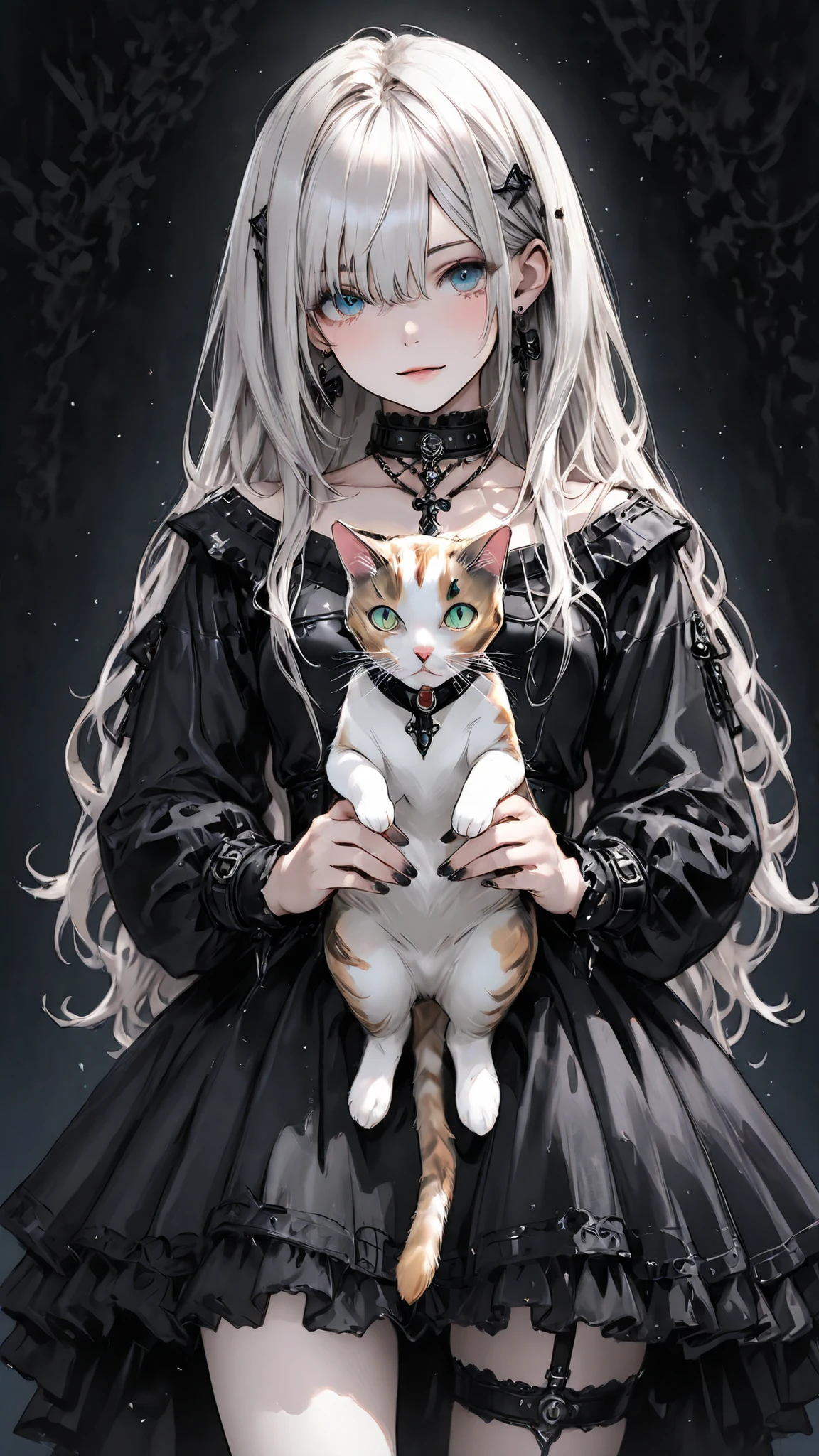 high res , masterpiece, anatomically, top quality, high res model, High Details, Anatomically anatomically, Norman Rockwell & Tim Burton style、Watercolor touch、 Edward Scissorhands、The black leather costume worn at the event、skinny, white-skinned man 、Alone, dark background 、 fantasy shot by Nikon Z7 II mirrorless camera、 horror、 darkness、Gothic、One Girl Playing with Cats,