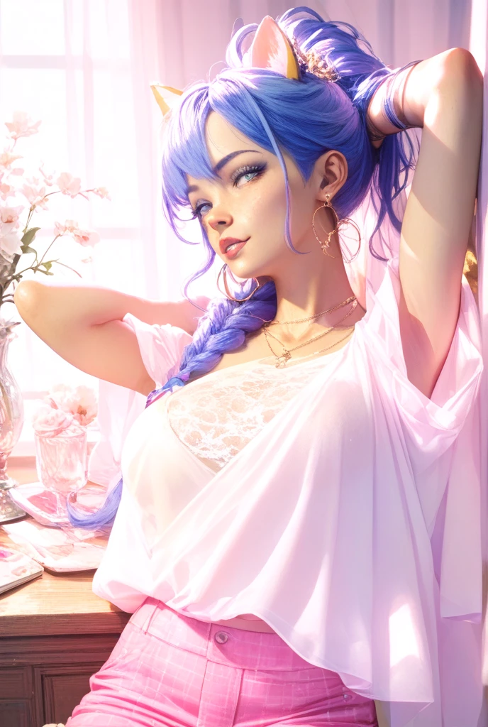 highly detailed, seductive erotic female is sweating, covered in rose pedals, (busty, pink/blue hair), centered on the face, face focused, intricate eyes,