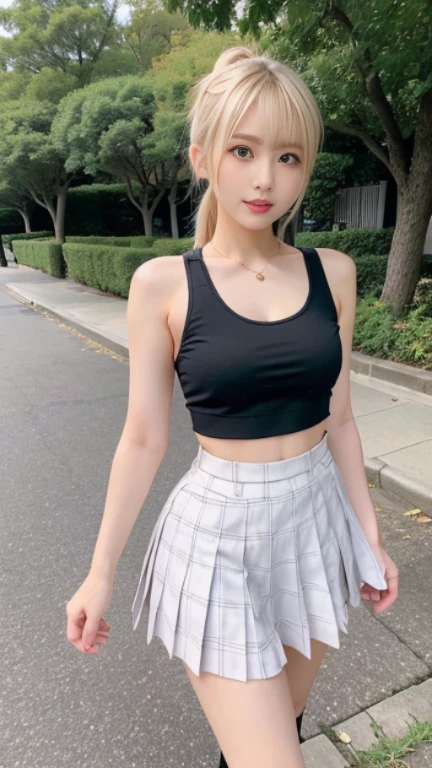realistic, 1girl, white hair, purple eyes, glowing eyes, crop top, skirt, parted lips, blush, night, flowers, sun, sunlight,full-body picture, Korean girl