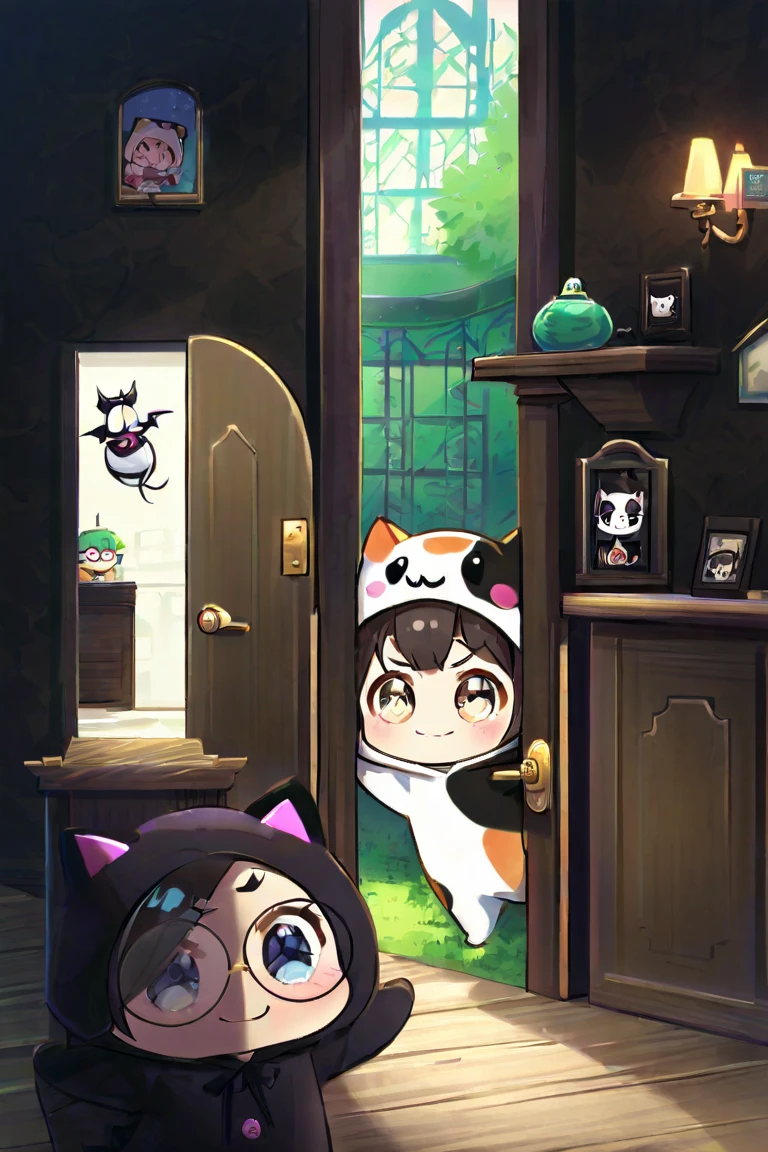 1girl, (chibi:1.4),Little girl peeking out of the door between demon kings、She's wearing the calico cat Kigurumi、round glasses、dark haired、Bangs cut above her eyebrows、she is showing her face from the door and smiling、A parent and child of black cats are sitting lovingly at her feet、The location is inside the Demon Castle