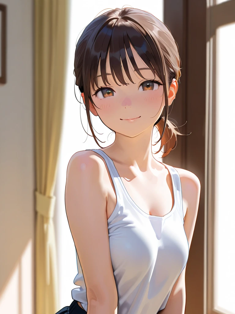 (masterpiece,Highest quality:1.3,best quality illustration,realistic),cowboy shot,1woman,20 year old Japanese beauty,((very small head:1.3)),brown short bob hair,bangs,brown eyes,gorgeous eyes,blush,smile,small breasts,((very long body:1.3)),((toned body,slender body,skinny,tan skin)),(navy uniform、Dark blue blazer jacket、White Shirt、Navy blue tie、Navy blue tight skirt),gleaming skin,shiny skin,sweat,standing,Naval Base、