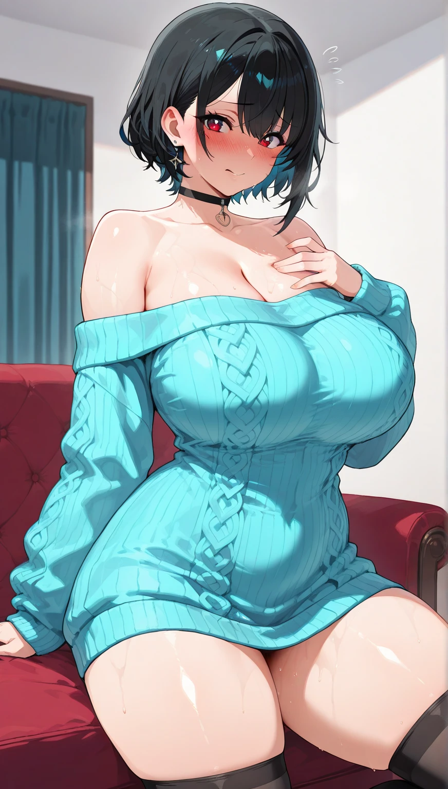 candlelight, volumetric lighting, night, 1girl, solo, 53 years old, milf, teal and green hair, messy hair, asymmetrical hair, ahoge, very short hair, aqua eyes, medium breasts, pale skin, glasses, couch, sitting, off-shoulder sweater, hot chocolate, winter, mood lighting