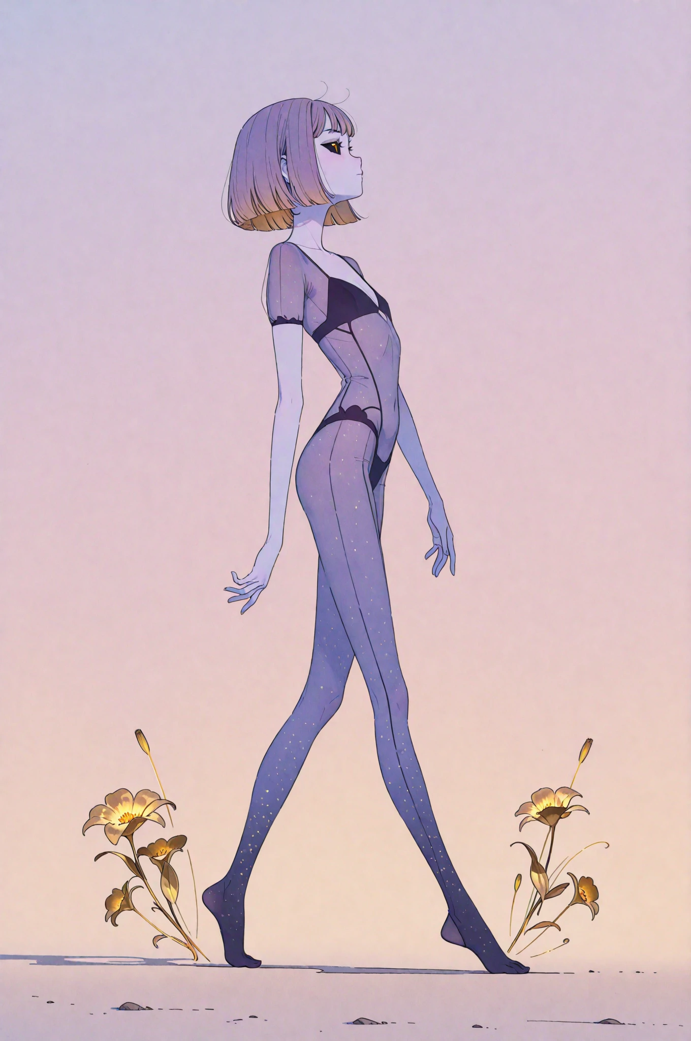 embarrassed girl with black short hair and glasses, in blue sky lingerie leafs ,full body