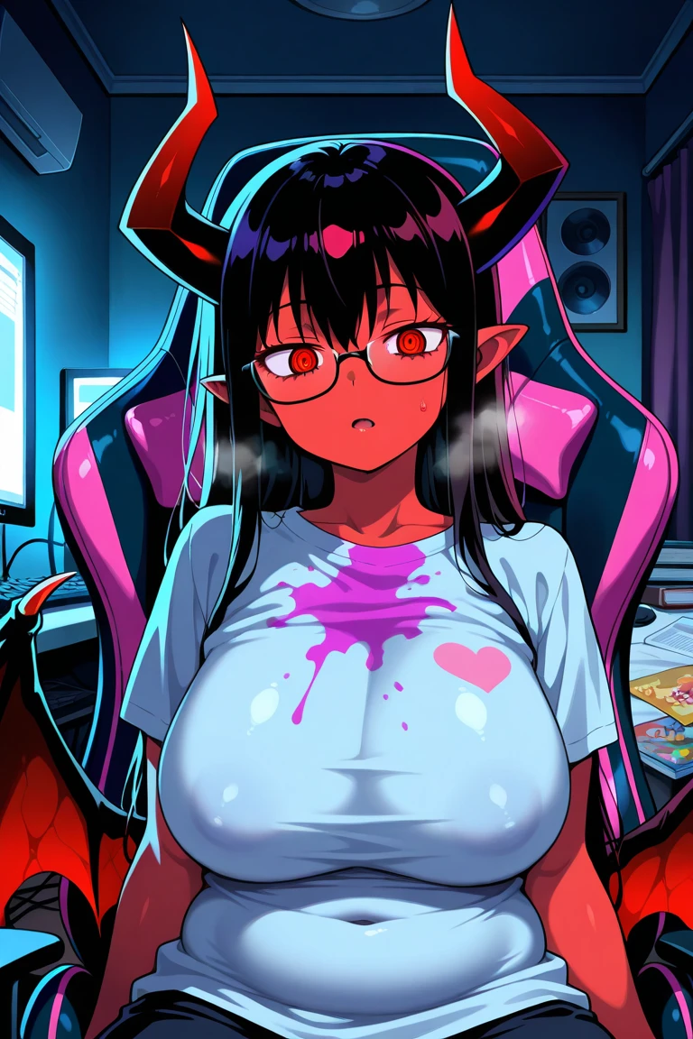 score_9, score_8_up, score_7_up, score_6_up, score_5_up, score_4_up, bedroom, BREAK meru, 1girl, solo, looking at viewer, freckles, large breasts, boyfriend shirt, open shirt, black stockings, sweating, pov hand on face, thumb in mouth, half-closed eyes, loving look, ahegao, blowjob, penis in mouth, cum in mouth, perfect ass