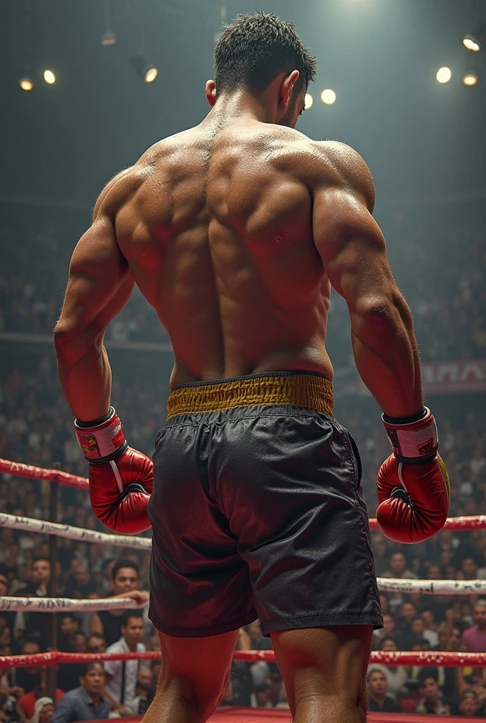 Shirtless 23 year old Angry Mexican heavily tattooed boxer with boxing gloves and boxing shorts and boots and socks in ring