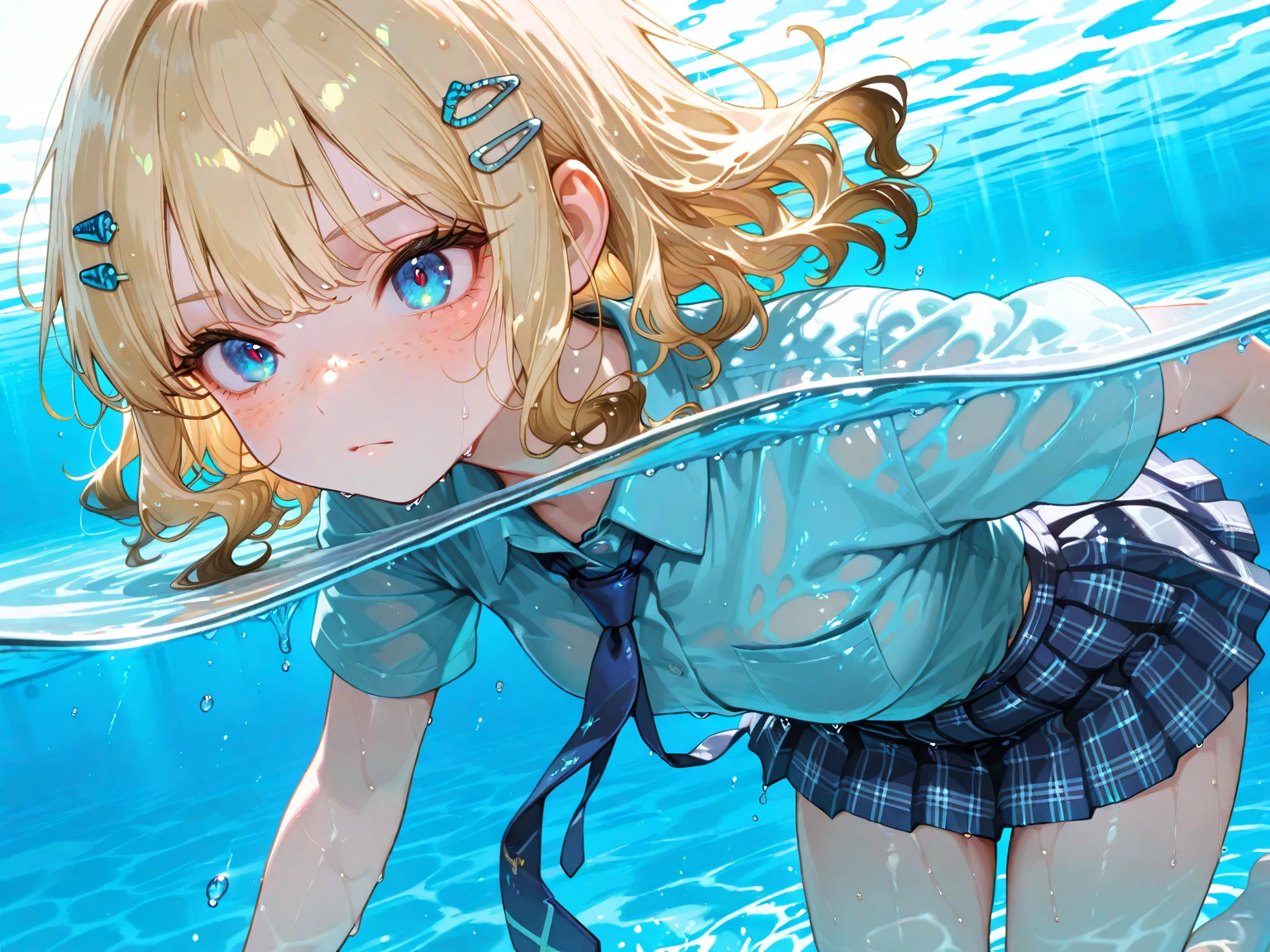 girl、12 years old、Blonde、mini skirt、Immersed in water、In the water
