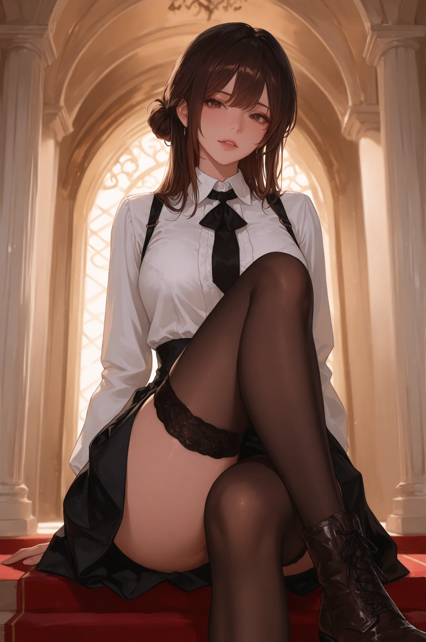 best quality, masterpiece, illustration, an extremely delicate and beautiful, extremely detailed ,CG ,unity ,8k wallpaper, Amazing, finely detail, masterpiece,best quality,official art, extremely detailed CG unity 8k wallpaper, beautiful detailed girl, extremely detailed eyes and face,((embarrassed , shy:1.2, nose blush:1.5, blush:2,looking at viewer )), beautiful detailed eyes, light on face,cute, 1girl,18 years old,(very long legs:1.6) , NSFW
,full body shot, ((sister)), church,(detailed black panties,school uniform:1,short under skirt, red bowtie:1.2), beret, ((black kneehighs :1.2)),black hair, mediem hair,rolling eyes,((squatting ,spead legs, skirt lift:1.2)),beautiful detailed eyes,light on face,Particularly strong light,(Slim legs),ulzzang-6500-v1.1:0.2