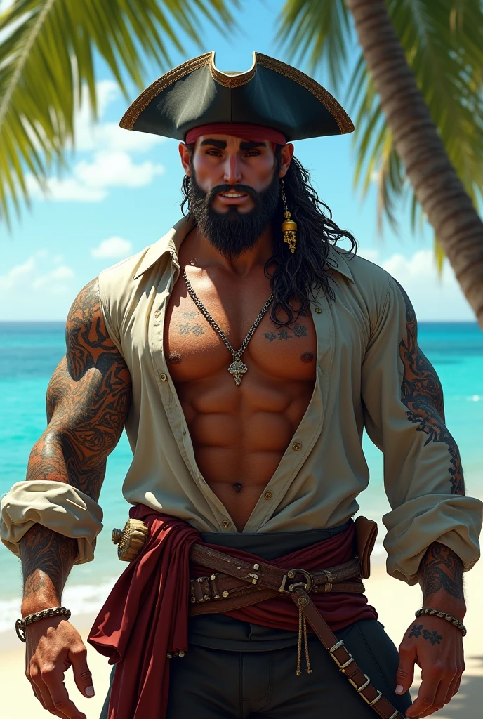 {
"prompt": "A very masculine 38-year-old man with a beard and wearing dark sunglasses, shown in a medium close-up shot displaying the upper part of his body. He is dressed in a classic pirate outfit with a tricorn hat, a ruffled white shirt, and a leather vest adorned with buckles. The background is a pirate ship deck at sunset, with the ocean and a dramatic sky filled with vibrant hues of orange, pink, and purple. The atmosphere is adventurous and rugged, with wooden planks and sails visible in the background. The man's posture is bold and commanding, his beard neatly trimmed, exuding confidence and a swashbuckling spirit.",
"size": "1024x1024"
}