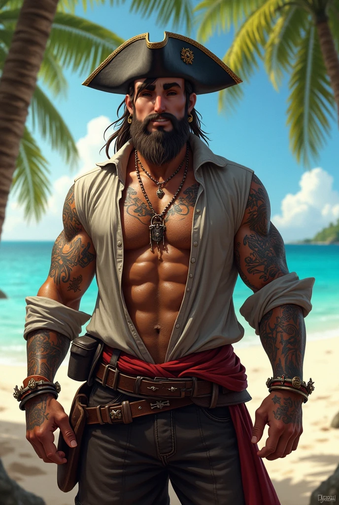 Kratos in a swimsuit and sunglasses with a cigar in his mouth