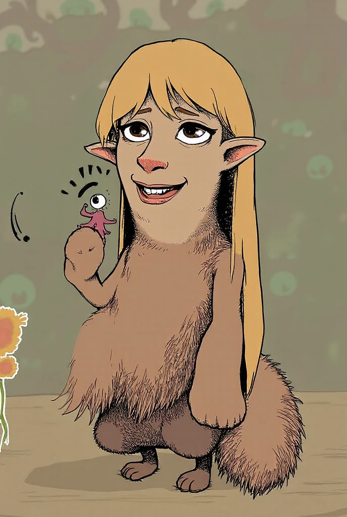 bearded woman, shaggy body, makes fun of a little hairless man