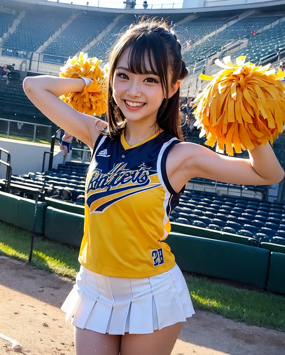 irohaisshiki, Iroha Isshiki, short hair, brown hair, (Brown eyes:1.5), smile,happy smile, smile, Open your mouth,(cheer leading), (whole body), Big Breasts, Lower, (Sweaty), Sweaty Wet Clothes, (Yellow clothes),Yellow pleated skirt,sneakers , Belly button support, playground, (Jump), (Jump), 足を曲げてJumpする, air, blue sky, Grass原, smile
チアリーダー, Pom-pom \(cheer leading\), Grass, smile,
break outdoors,Stadium,
break looking at viewer,(Cowboy Shot:1.5),
break (masterpiece:1.2), highest quality, High resolution, unity 8k wallpaper, (shape:0.8), (Fine and beautiful eyes:1.6), Highly detailed face, Perfect lighting, Highly detailed CG, (Perfect hands, Perfect Anatomy),