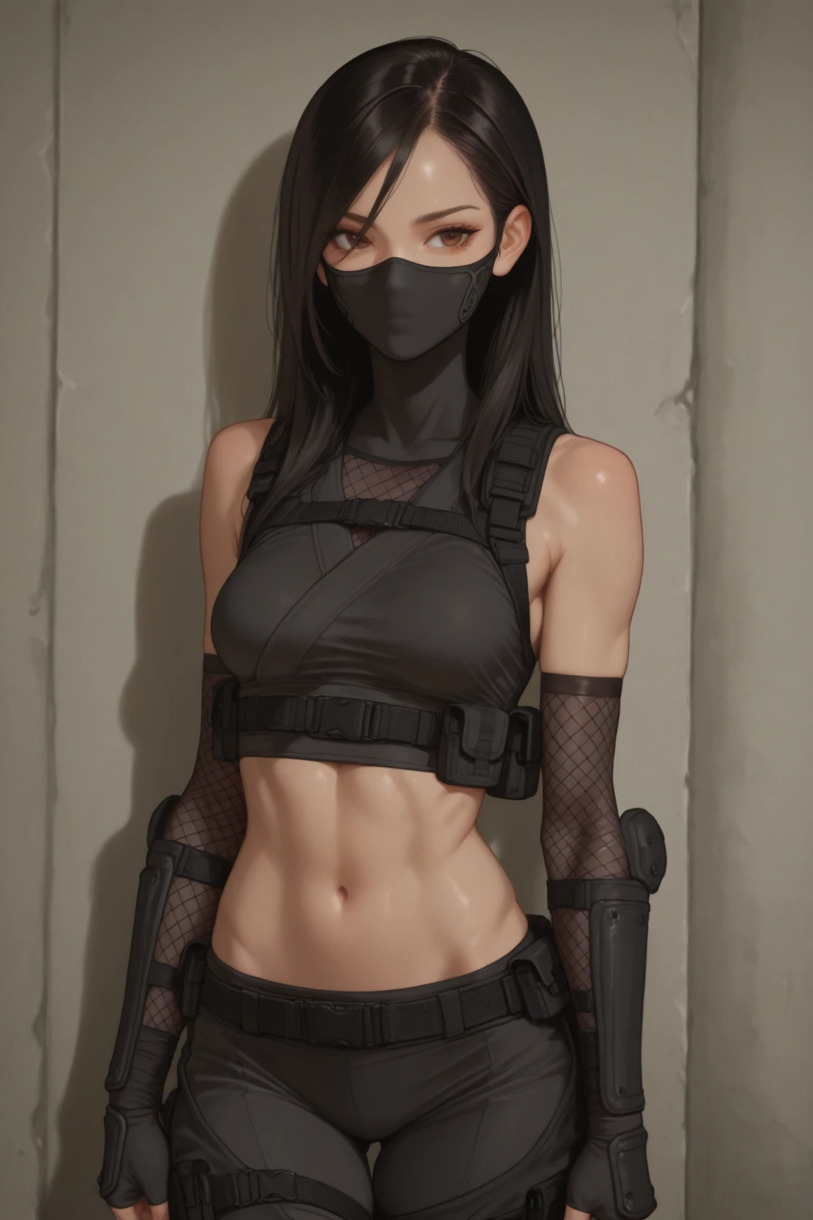 1 girl, ((muscular)), spiky ponytail, toned body, black hair, red eyes, (mask), perky breasts, long hair, navel, thick thighs