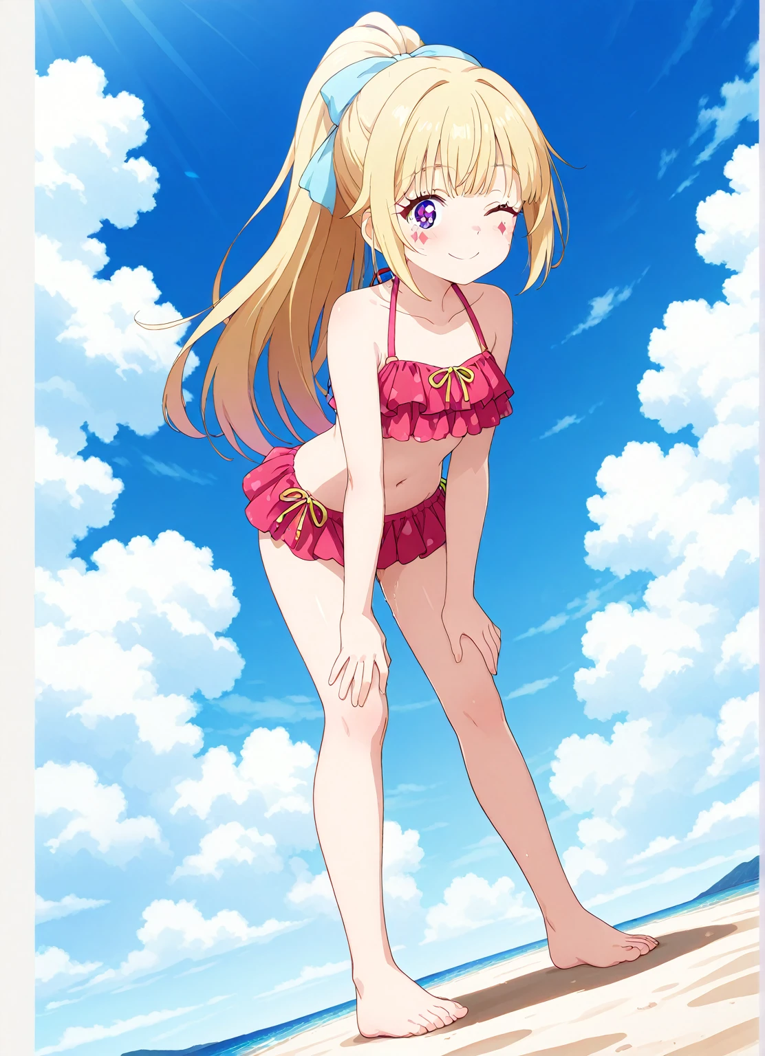 anime girl in bikini with sunglasses and red bikini top, Junko Enoshima, Ann Takamaki de Persona 5, Marisa Kirisame, posar(arms up + feliz), menina anime sedutora, menina anime loira com cabelo longo, render de abril, (menina anime), anime melhor garota, Shirabii, deusa anime, Hanayamata, traje: peituda de biquini