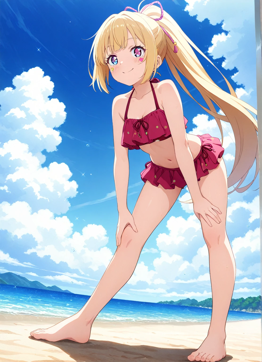 ((best quality)), (((very detailed)), masterpiece, (detailed eyes, deep eyes), (1girl), dynamic pose, upper body, lillie blonde hair, green eyes, medium breasts, (white dress), high heels, sheer clothes, beach, very sweaty, arms up, armpit, almost transparent bikini, lillie hair, small breast, small butt, small ass, horse tail lillie, one horse tail,