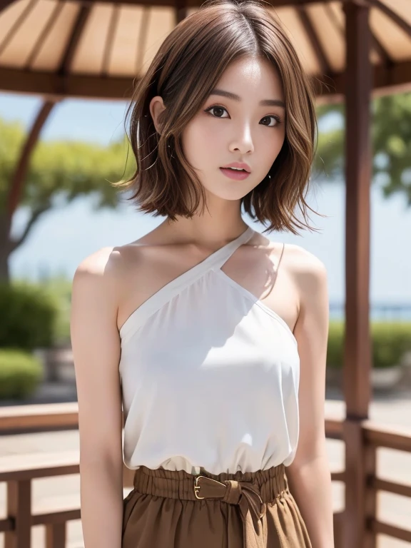 (8k, highest quality, masterpiece: 1.2), (hair_style), (realistic, photorealistic: 1.37), highest quality, masterpiece, in the summer sunshine, sky and sea view, shot on wooden deck, [small breasts], backlight, shooting from waist up, camera angle from bottom to top, pose with hair raked up with hands, shot in natural light from morning to noon, Hairstyles and fashion styles that match the Japan trends of 2023, realistic, super detailed, 30s, actress, half Japanese and Russian half model, elaborate CG, slender, adorable, hairstyle matches the fashion of Japan in 2023 short bob cut fluttering in the wind, delicate skin type, fine details and softness, model hair color is bright and soft, Choose a short-length T-shirt that matches the summer trends of 2023 and pair it with pale pastel colors for surf fashion.
