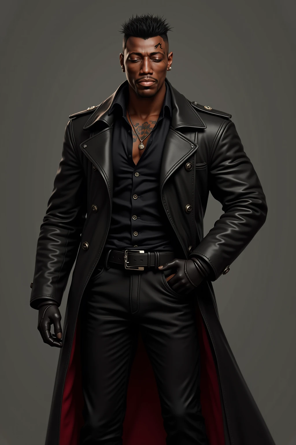 spawn Ratchet from Ratchet and Clank in a long black leather coat with no shirt under the coat