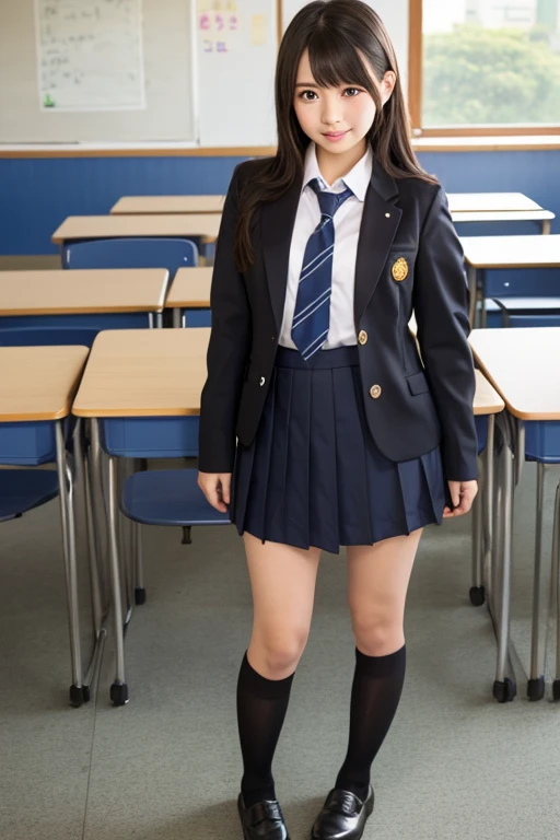 high school girl、blazer、skirt、classroom、sit、Thighs、Knee-high socks、loafers、Long Black Hair、smile
