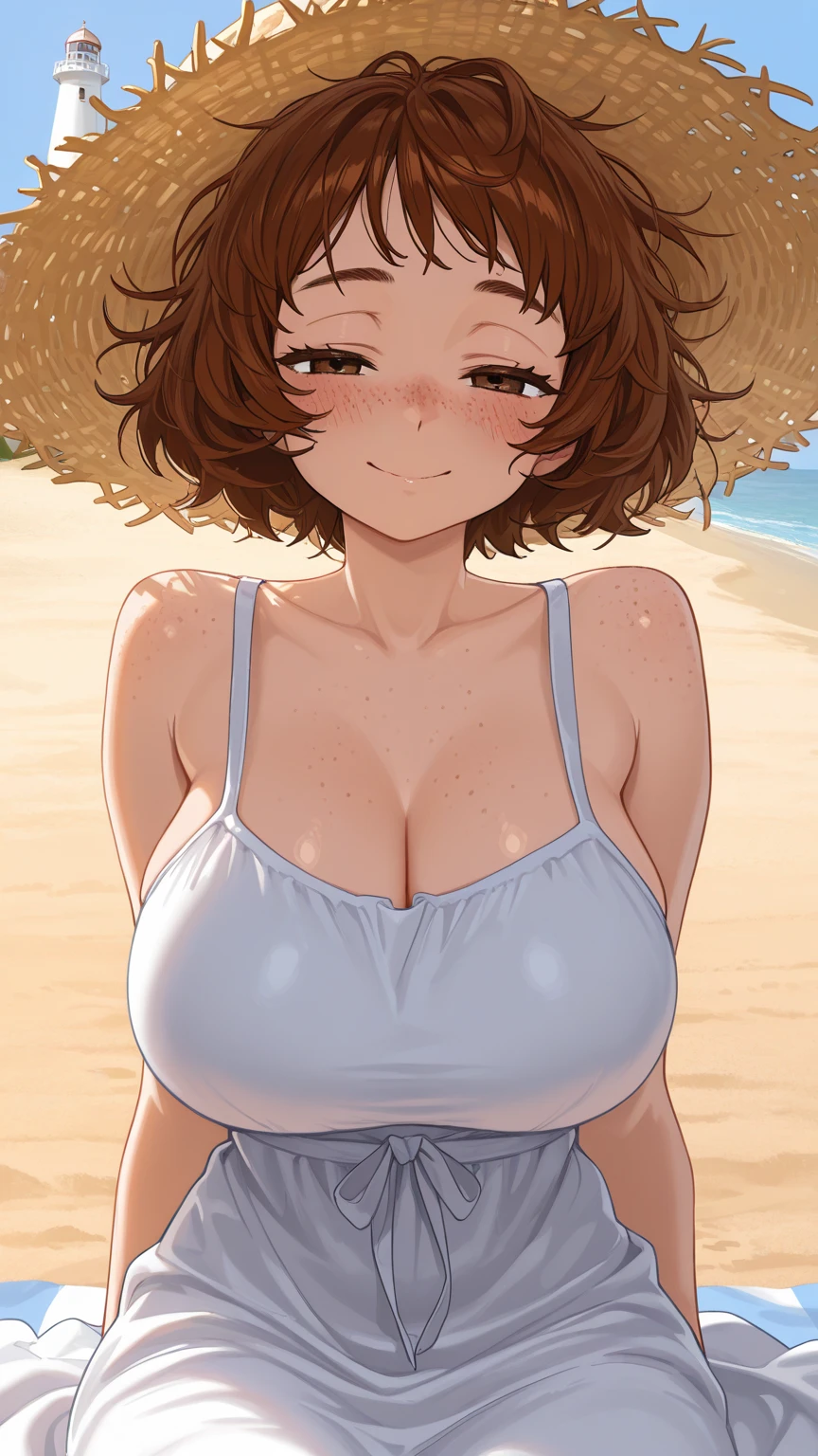 score_9, score_8_up, score_7_up, shaded BREAK 1girl, solo, Saeki Marika, brown hair, blue eyes, tan, short hair, hair ornament, outdoors, sunset, balcony, v-shaped eyebrows, smug, looking at viewer, white ????????, futanari, penis, precum, bulge, arms behind back, leaning forward, large breasts, huge breasts, round full breasts, super thin waist, heart shaped hips,