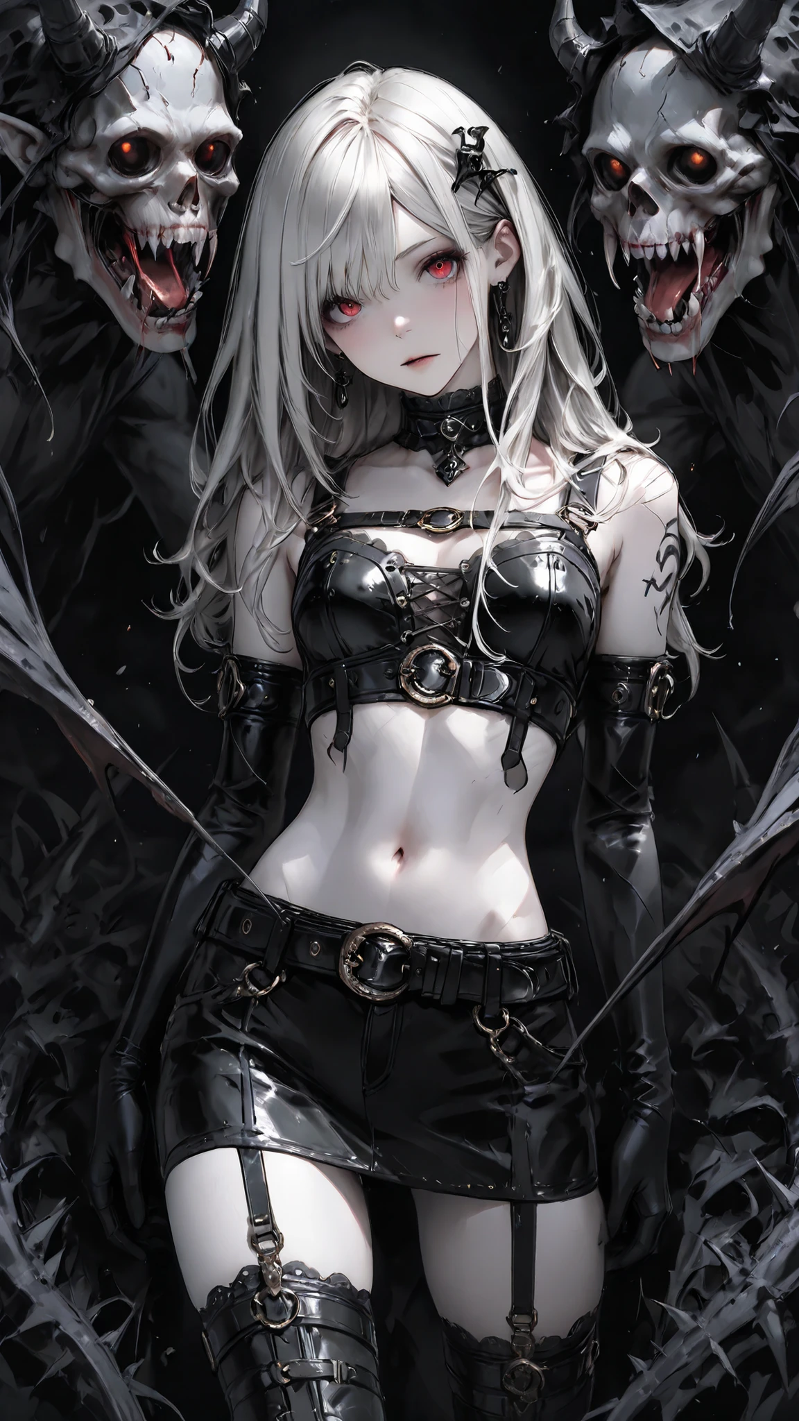 high res , masterpiece, anatomically,  top quality,  high res model,  High Details, Anatomically anatomically, Norman Rockwell & Tim Burton style、Watercolor touch、 Edward Scissorhands、The black leather costume worn at the event、skinny,  white-skinned man 、Alone,  dark background 、 fantasy shot by Nikon Z7 II mirrorless camera、 horror、 darkness、Gothic、One girl is playing with monsters, 