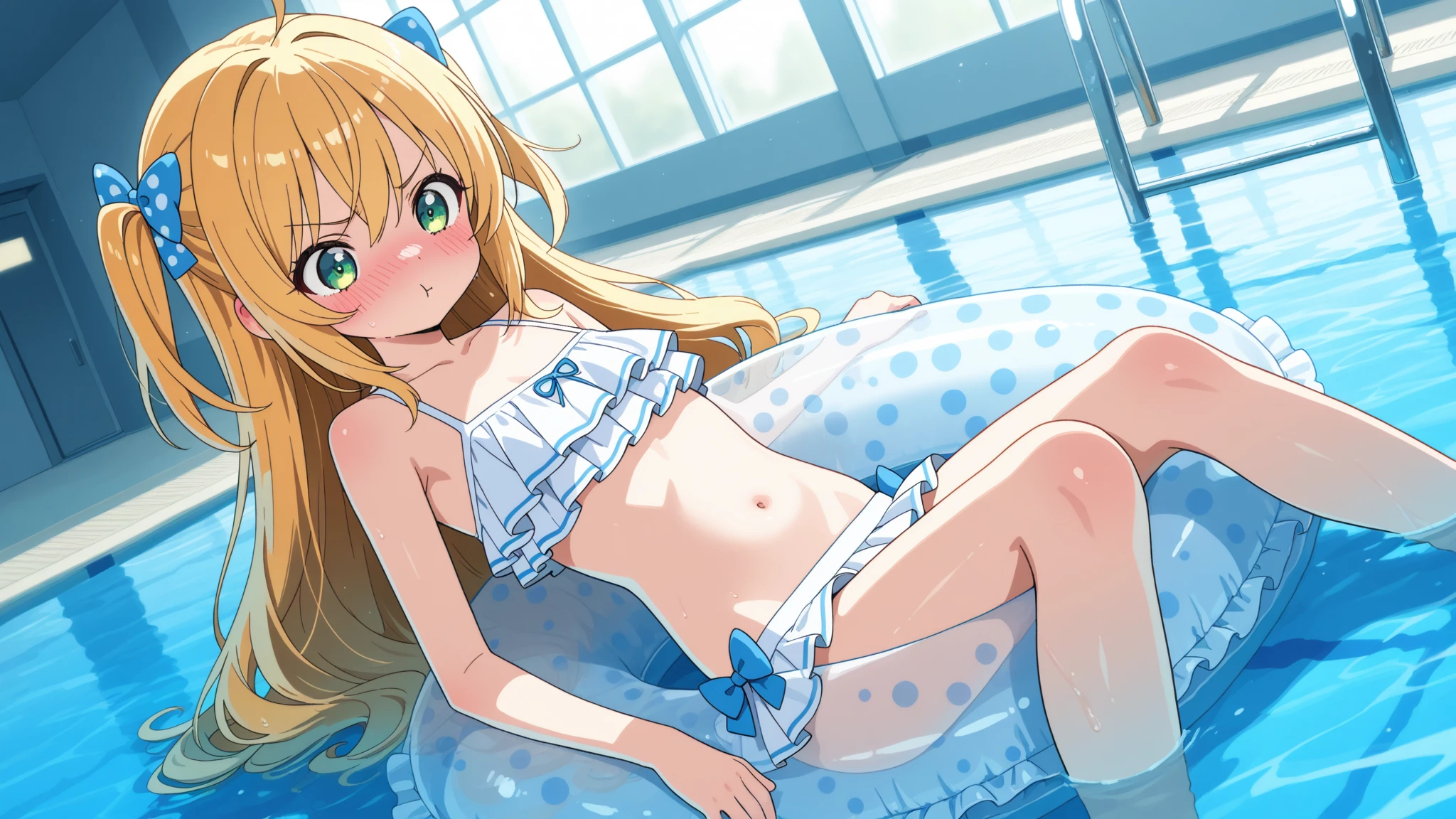 ((8k, Highest quality, masterpiece: 1.3)),Ultra-high resolution,(1 girl, alone), (Color changing eyes, Ultra-detailed, Expressive brilliance, Glitter, Glowing Eyes), Highly detailed eyes, Highly detailed face, Random Hair, ((pastel colour)),A gentle young woman with pastel yellow hair styled into a loose bun, sitting on her bed in her brightly lit bedroom during the vibrant light of mid-afternoon. She is wearing a light blue bikini and has a shy smile on her face as she adjusts her pose. Her legs are slightly open, adding to her delicate and relaxed posture. The camera captures her from a low angle, emphasizing the warm, natural light that fills the room and her soft expression. (open legs:1.5)(Put your hand in your bikini and touch your pussy:1.3)