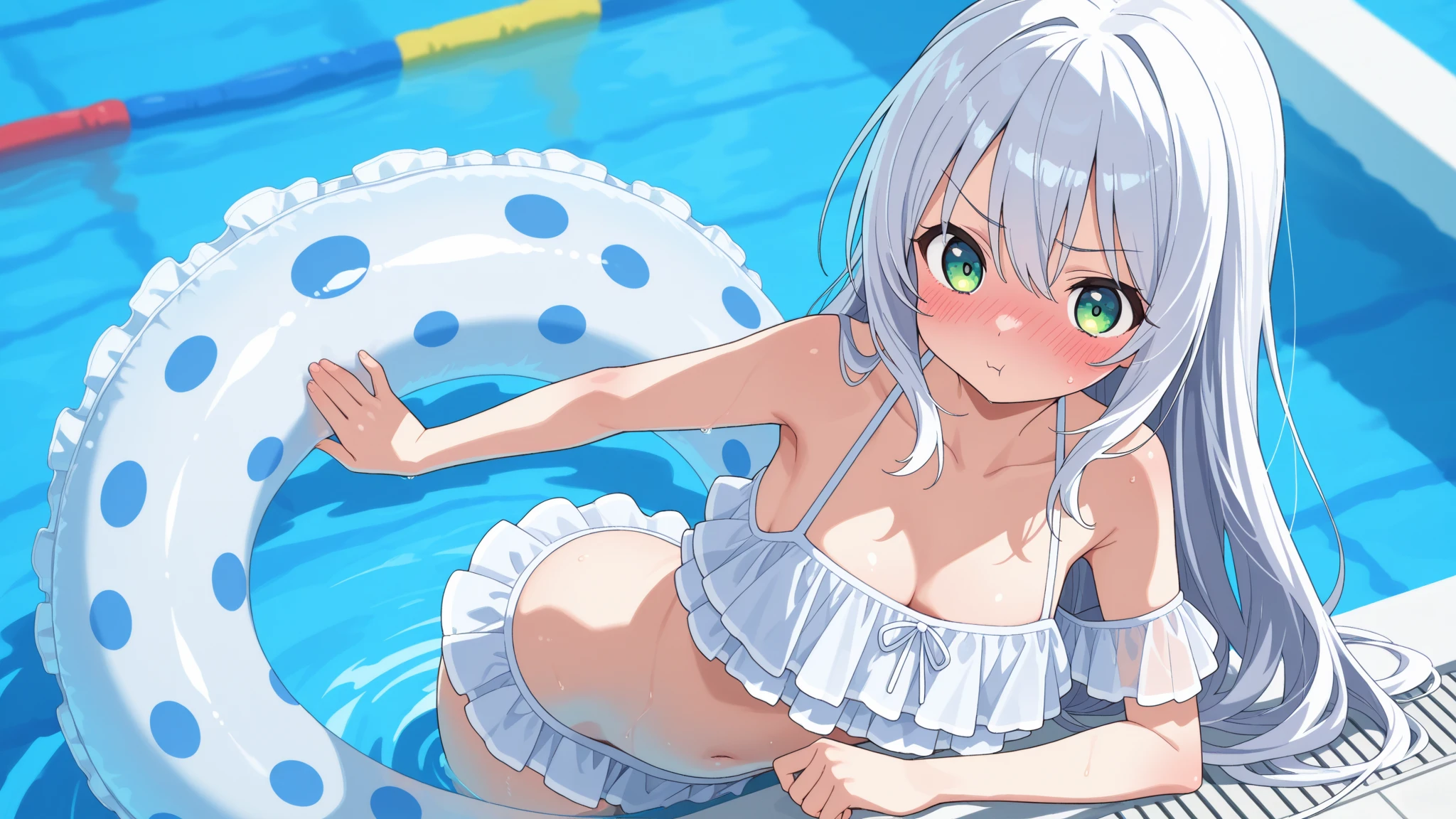 (Photo taken from underwater: 1.2), (Low angle), (Close up), Drinking Coke underwater, Pretty wife, Micro bikini, The deep sea illuminated by a ray of light, wet and transparent, Bend over, Upward glance, Pigtails, Flaky skin, Very happy smile, Pale silver hair, Side braid, Big eyes, Cute, Blonde, Thighs, Braids, Blue ribbon with white embroidery, Full body, Licking ice cream, at the old hotel made of ice, Ice cream junky, in the bath