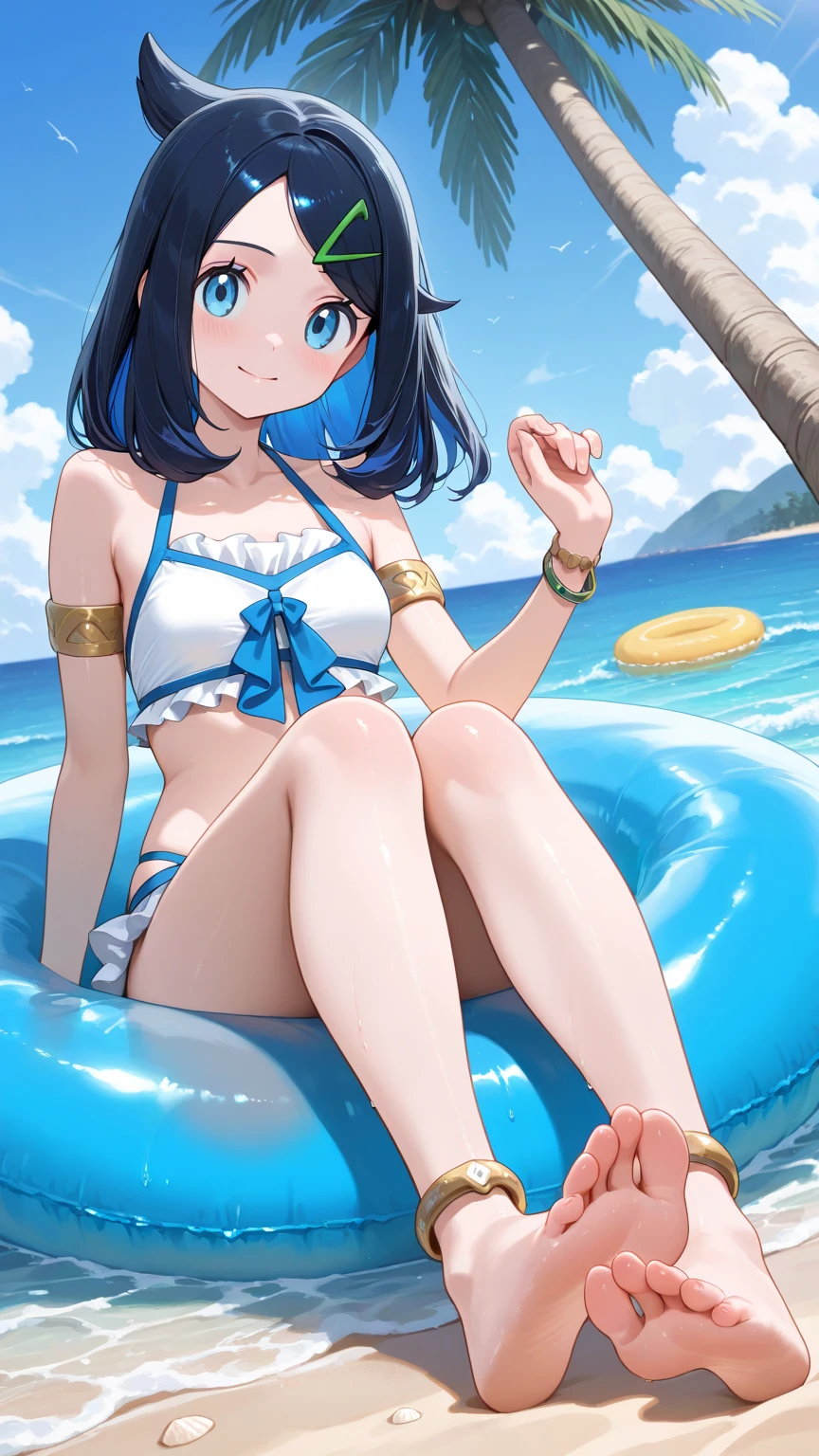 sayaka maizono, one girl, long hair, blue eyes, blue hair, smile, open mouth, hairclip, (large breast) , big_breast, looking at viewer, (masterpiece:1.2), best quality, perfect hands, blue_bikini, beach_background