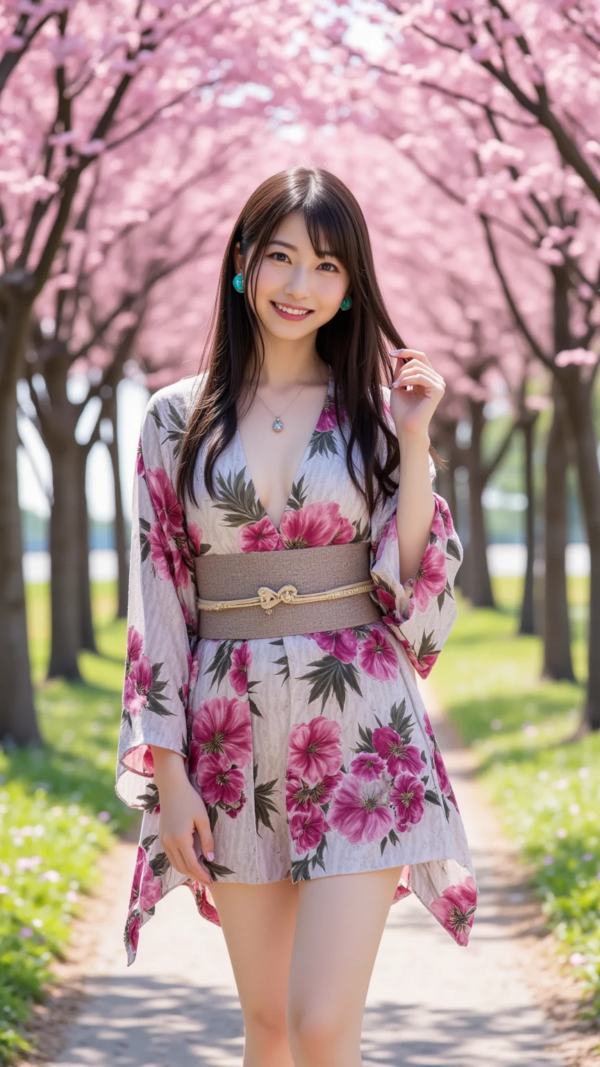 1girl,black hair, floating hair, seaside,scenery,landscape,cherry blossoms, falling petals, sunbeam,god rays,upper body, RENGE,DRESS,KIMONO