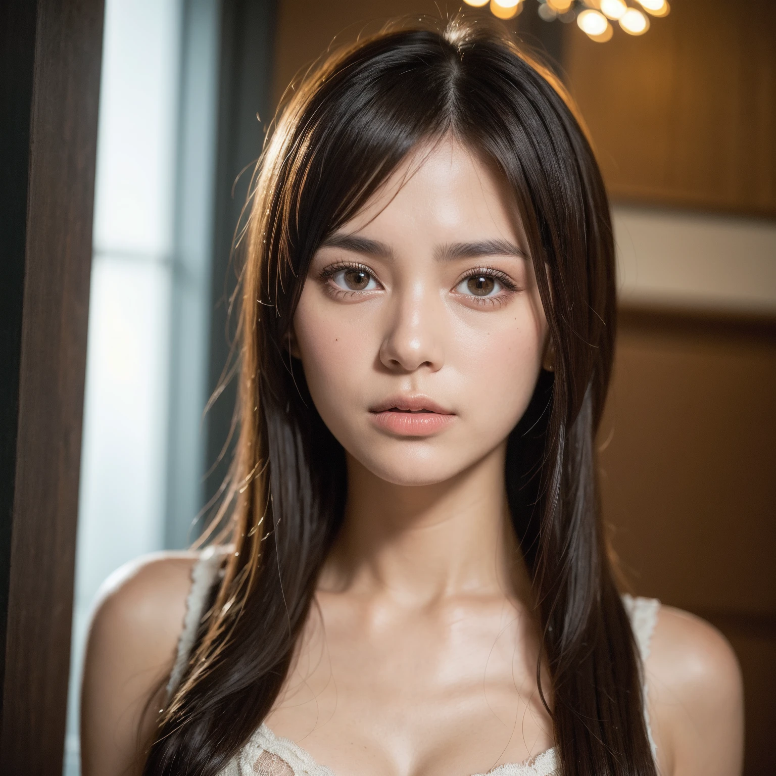 ((upper body:1.5)), ((looking at viewer:1.5)), ((look into the viewer's eyes:1.5)), BREAK ((night walk:1.5)), BREAK ((20 years old.:1.5)), (beautiful straight light brown long hair:1.7), ((asymmetrical bangs)), ((Scared:1.5)), I wear clothes, (top-quality, 16K, ​masterpiece:1.3), top quality, masterpiece, high resolution, photorealistic, (raw photo), live shooting, 16k wallpaper, perfection, professional lighting, very detailed, fine details, Hyperrealism, hyper realistic, realistic, japanese, (super detailed), (Photorealsitic:1.5), high-level image quality, very detailed, depth of field, (most beautiful), (dramatic lighting:1.2), (cinematic lighting:1.2), ambient lighting, (front lighting:1.2), highest precision, detailed fingers, detailed hands, detailed eyes, detailed skin texture, textured skin, realistic smooth soft skin, (perfect body proportion), (seductive emotion:1.3), (soft and plump thighs:1.2), (short torso:1.5), detailed face, detailed finger, clear eyes, gentle eyes, accurately drawn arms, accurate and perfect human anatomy, white and soft thighs, realistic smooth soft skin,