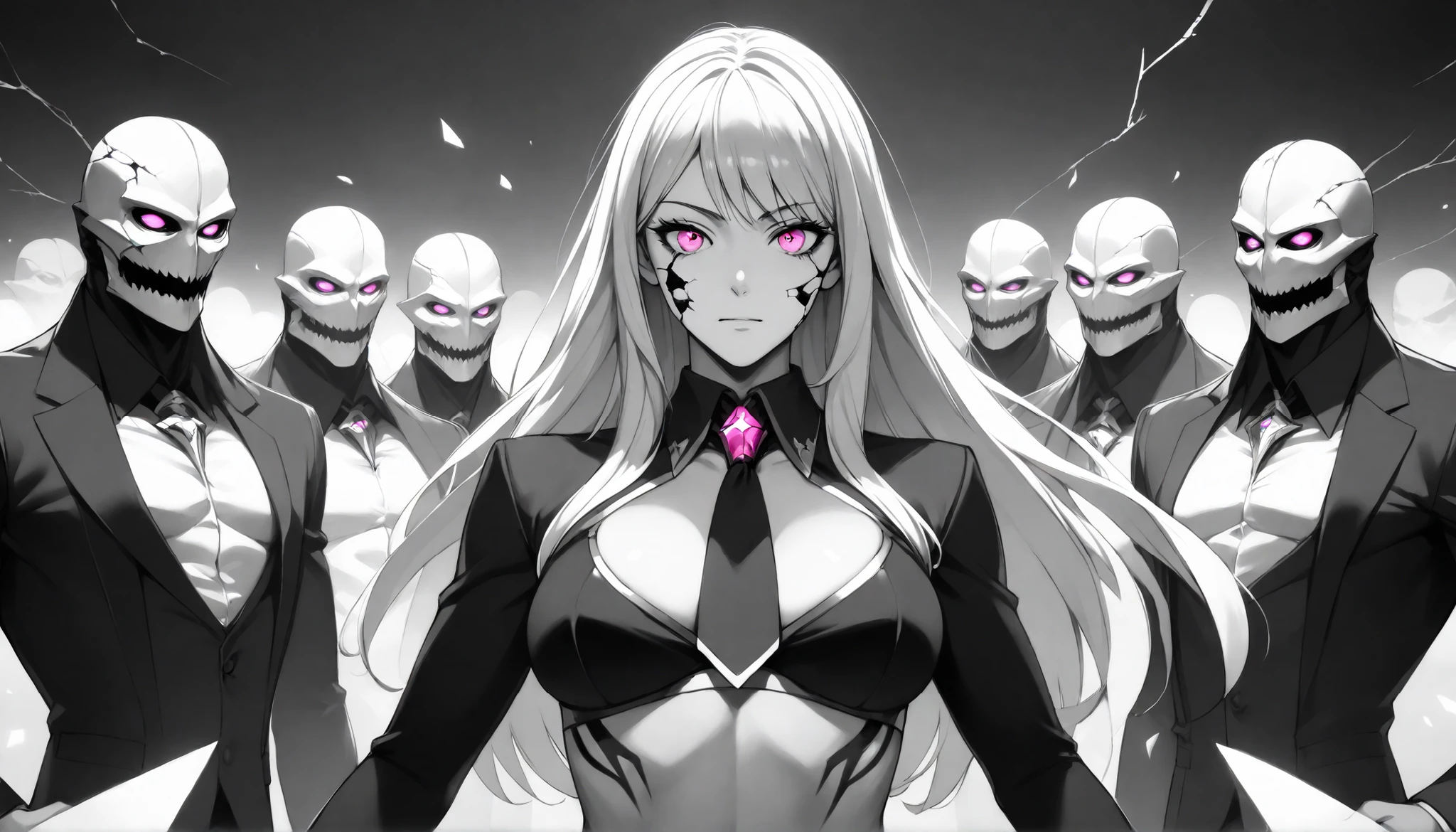 8k,masterpiece, best quality, super high resolution, high resolution, BLACK AND WHITE image, monochrome, slanted eyes, 20s, girl, long bangs, long hair, pink eye, black large tattoo on face and neck, naked woman, ((SEDUCING the VIEWER)) , soulless and demonic, empty cold look, (cracked masked face), colorful eyes, colorful Balayage, perky tits, HYPER crop top , SHORT midriff top, perfect banger body, hyper seductive mood, surrounded by people with masks, work people, suit and ties, (UltraHD8K), (intricatedetails:1.1), masterpiece, best quality, amazing quality, belth, long hair, LowKeyLights, cinematic 8k, UHD, dark, Perfect round breasts, perky tits,