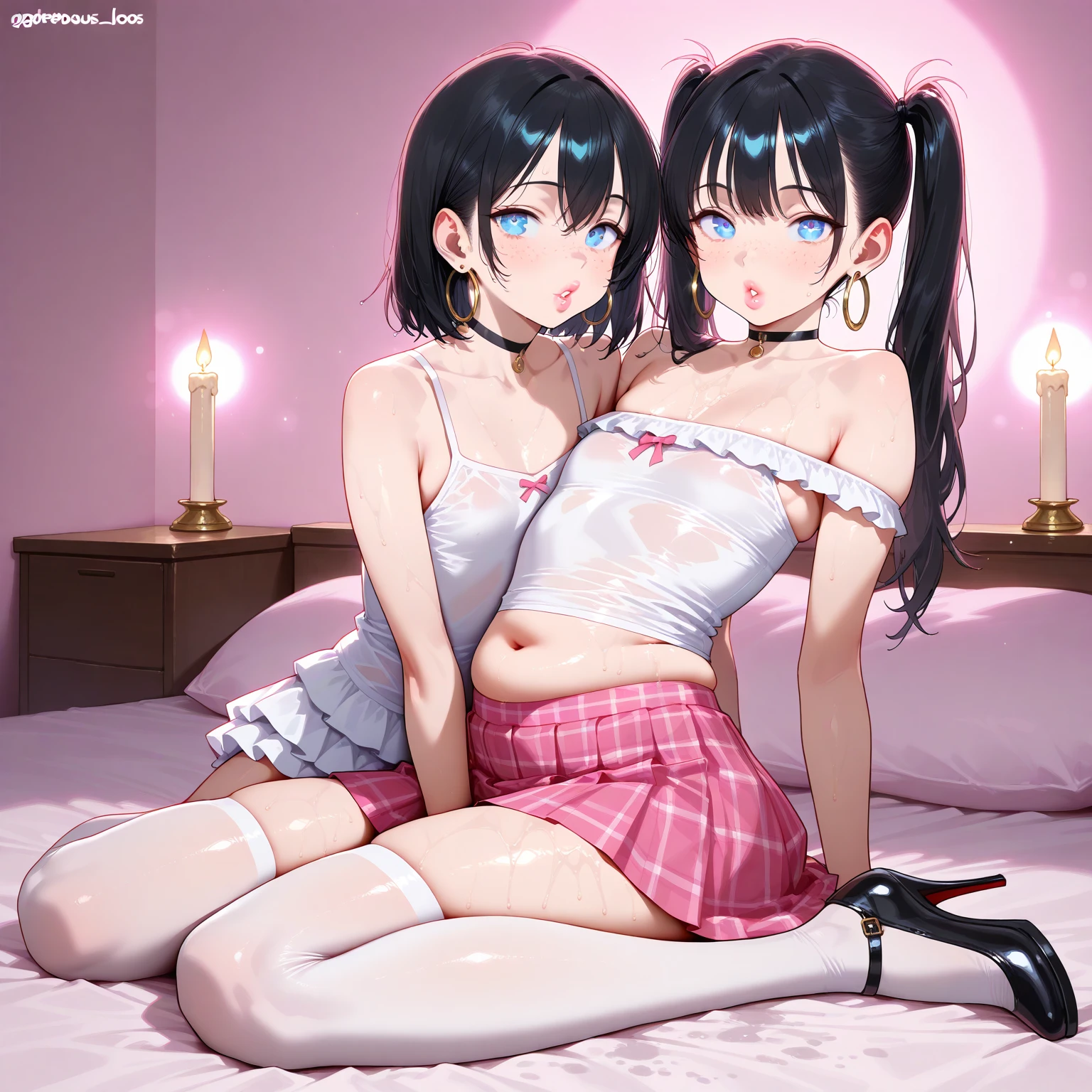 Hands Behind Back,Tied with hands behind back,lick,open mouth,tongue out,cum on tongue,front face,from front,front view,looking at viewer, looking ahead,from above,cowboy shot,2girl,twins,Beautiful girl at 10 years old,Japanese,Slender,,low length,Small breasts,Thin legs,Small Ass,Baby Face,Small face,Black Hair,Short Twin Tails,Gray Eyes,Drooping eyes,Round eyes,middle School girls,Sheer black and pink negligee,lingerie,Collar with leash,Bunny ears,Kneeling,Straight Stand,Beautiful and detailed anime art,I'm in love,Desire expression,crave,Sexy vibe,Dimly lit room,On the bed,Simple Background,Gray background,Low lighting,