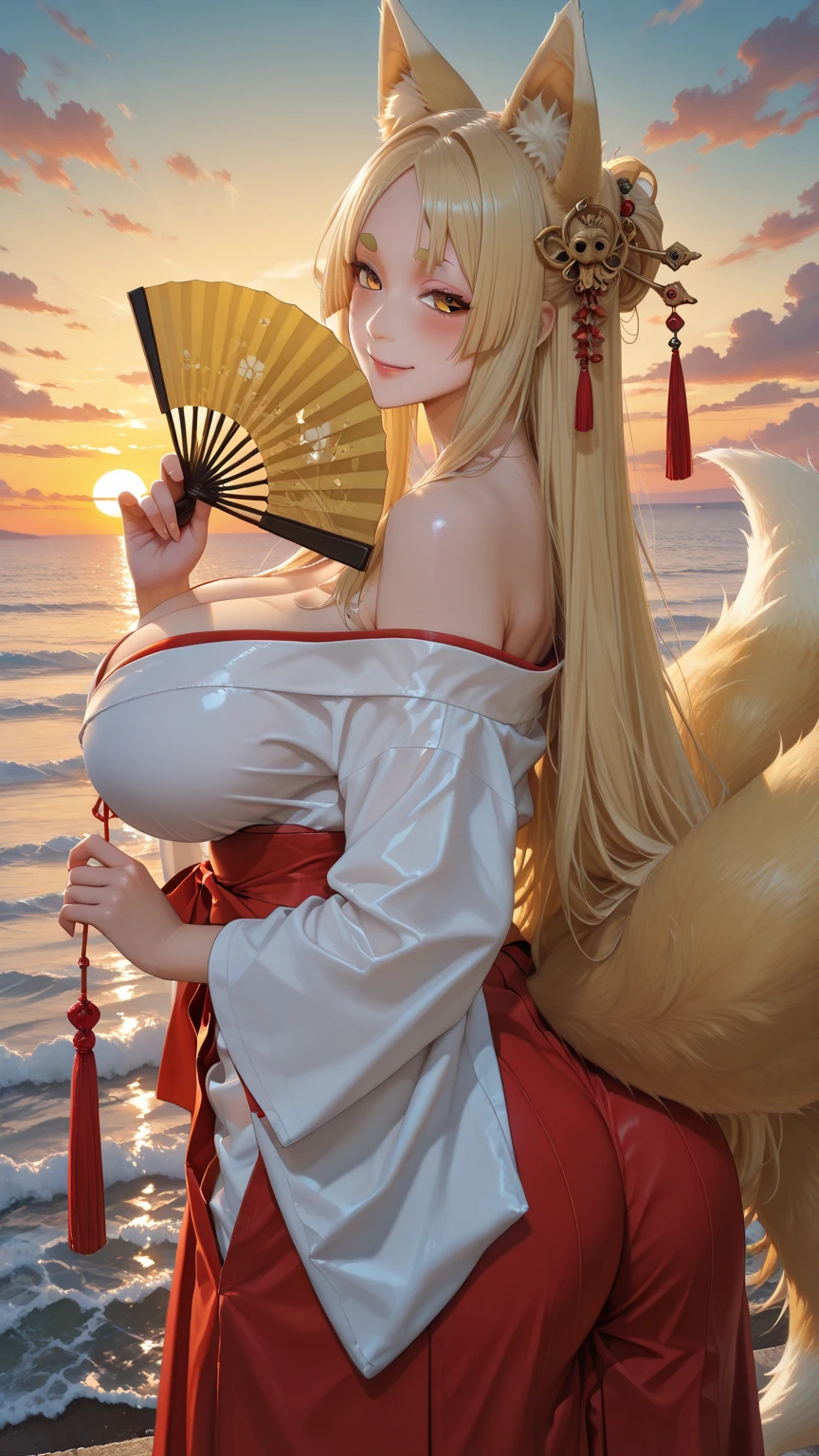 (((Super Obese))), (((Nine Tails))), Dynamic, 1. "At a cosplay event, a buxom woman cosplaying as a nine-tailed fox wears a long silver wig, large gold contact lenses, and an ornately embroidered kimono. A handmade set of nine tails glitters behind her, and a shrine with blossoming cherry trees spreads out around her. She raises her arms and squats, looking down at the crowd, captivating them. Many photographers are trying to capture her stunning cosplay."