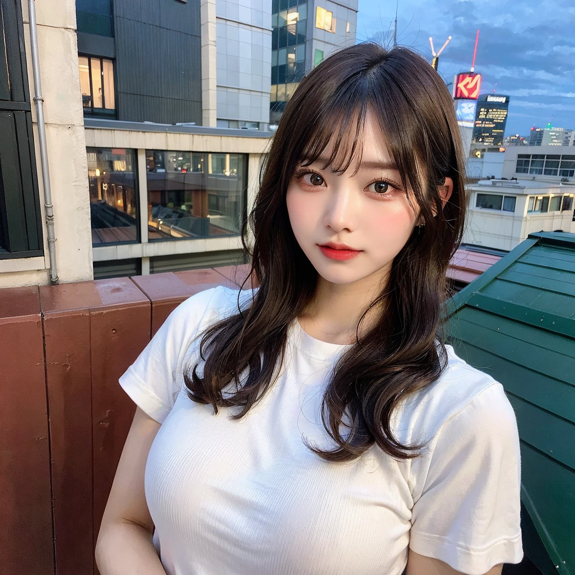​masterpiece, Better Quality, hight resolution, 1 girl,fringe, hair between eye, tshirts,Chest emphasis、In the street,Diameter chest, happily face, sweat drop,(huge-breasted:1.2),Waki,Highly exposed