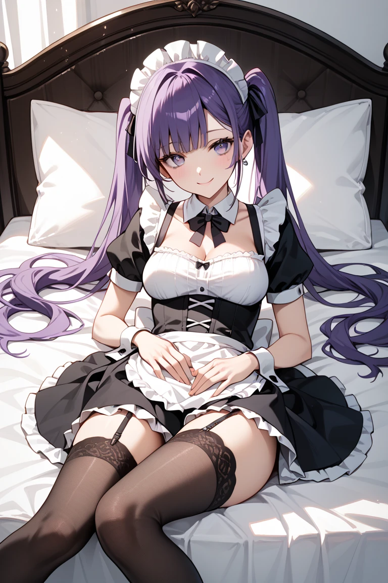1girl, purple hair, purple eyes, nice hands, perfect hands, light smile, wearing maid costume, high res, ultrasharp, 8K, masterpiece, looking at viewer, delicate poses, light pink cute background, bedroom background, ,indoors, sitting in bed, hands in lap, confident, waiting for you, ultra detailed, best quality, beautiful,lovestruck expression, high detail textures, high detail eyes, bright colors,landscape,insanely detailed, absurdres, ultra-highres, ultra-detailed, best quality, nice hands, ultra detailed eyes, ultra detailed hair, ultra cute, ultra beautiful, full body shot