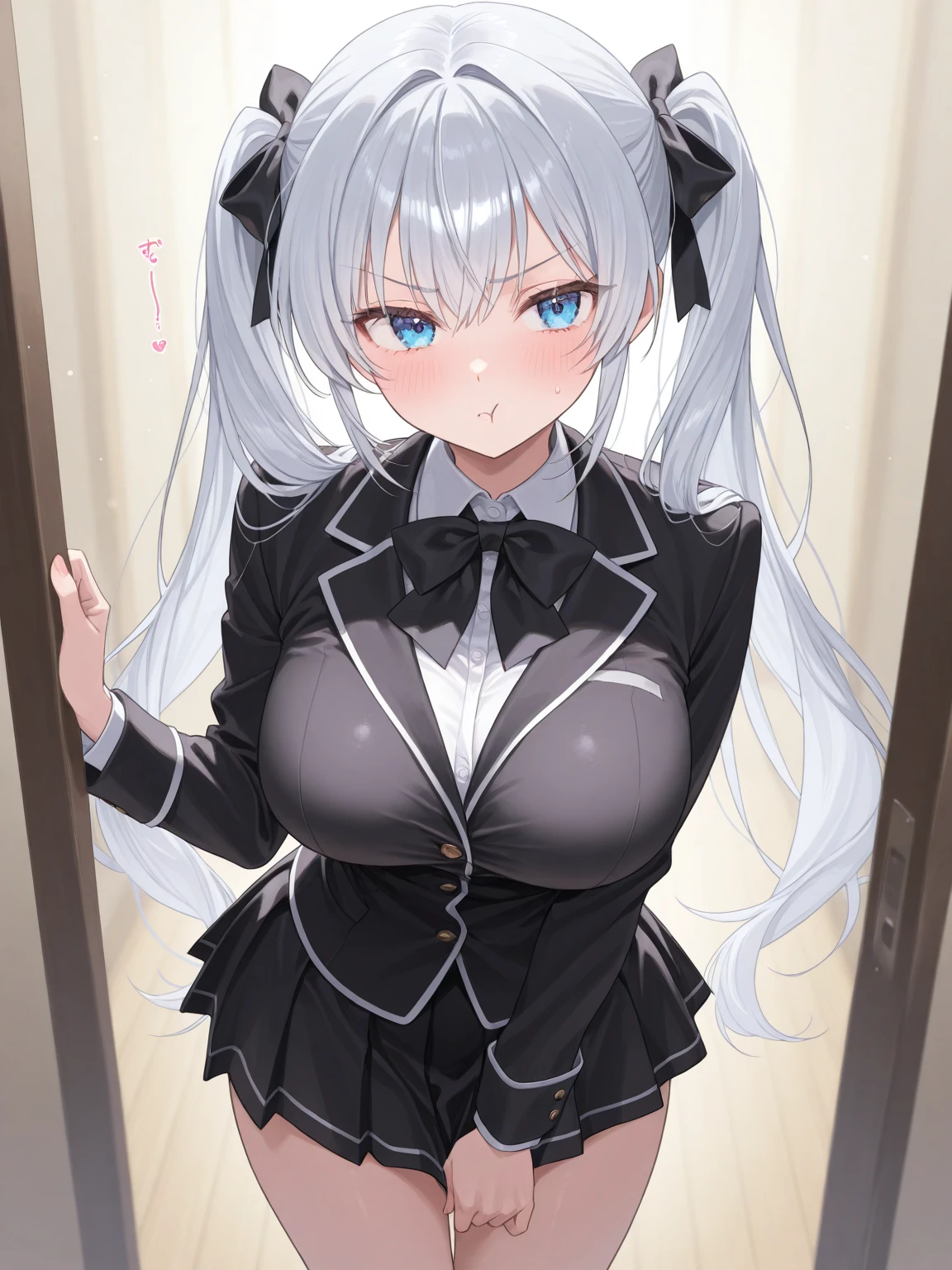 Ariya, 1 Girl, Solitary, Long hair, blue eyes, Ahog, bow, Looking at the audience, 红色bow tie, suit, bow tie, Long sleeve, breast, shirt, Open Jacket, 红色bow tie, Door, Cowboy shooting, shirt de gola, in, Uniforms, White hair, permanent, Open clothes, skirt, stripe, wear, Grey jacket, 黑skirt, blush, skirt plissada, lips parted, 中等breast, Pleated dress, shirt branca, Hair between the eyes, White jacket, hands up, Casual suits, 黑色skirt, thigh, Opened by, hall