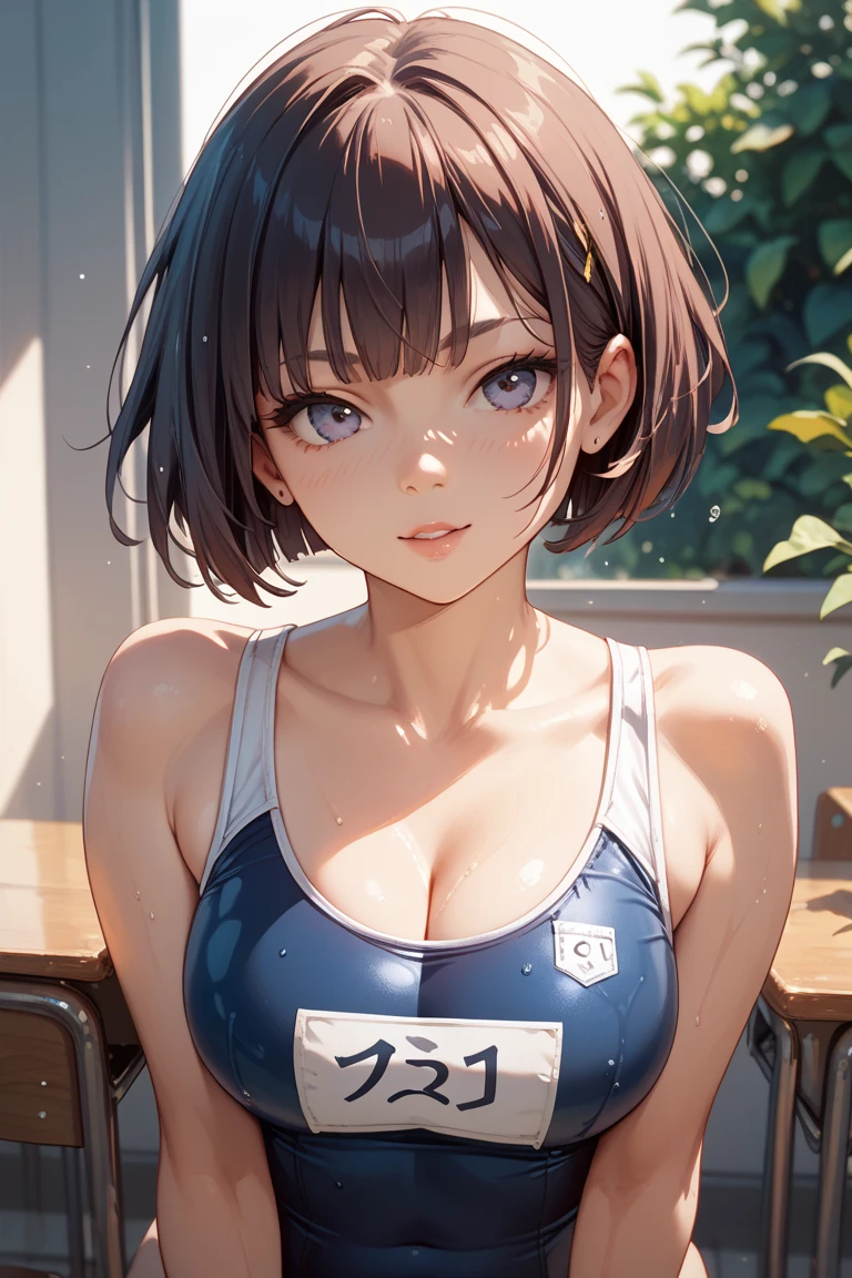 (realistic:1.5、masterpiece,Highest quality:1.3,best quality illustration),cowboy shot,1woman,20 year old Japanese beauty,very small head,(short bob brown hair),bangs,brown eyes,gorgeous eyes,blush,Heavy breathing,medium breasts,((very long body:1.3)),(toned body,slender body,skinny:1.3,Sports Bra、navel、Sports shorts),gleaming skin,shiny skin,oily skin,(sweat:1.5),squatting,Arena、Tokyo、