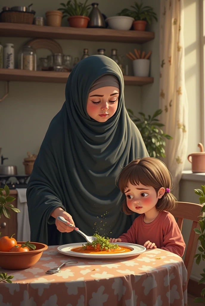Islamic girl helping her mom in kitchen to cleaning