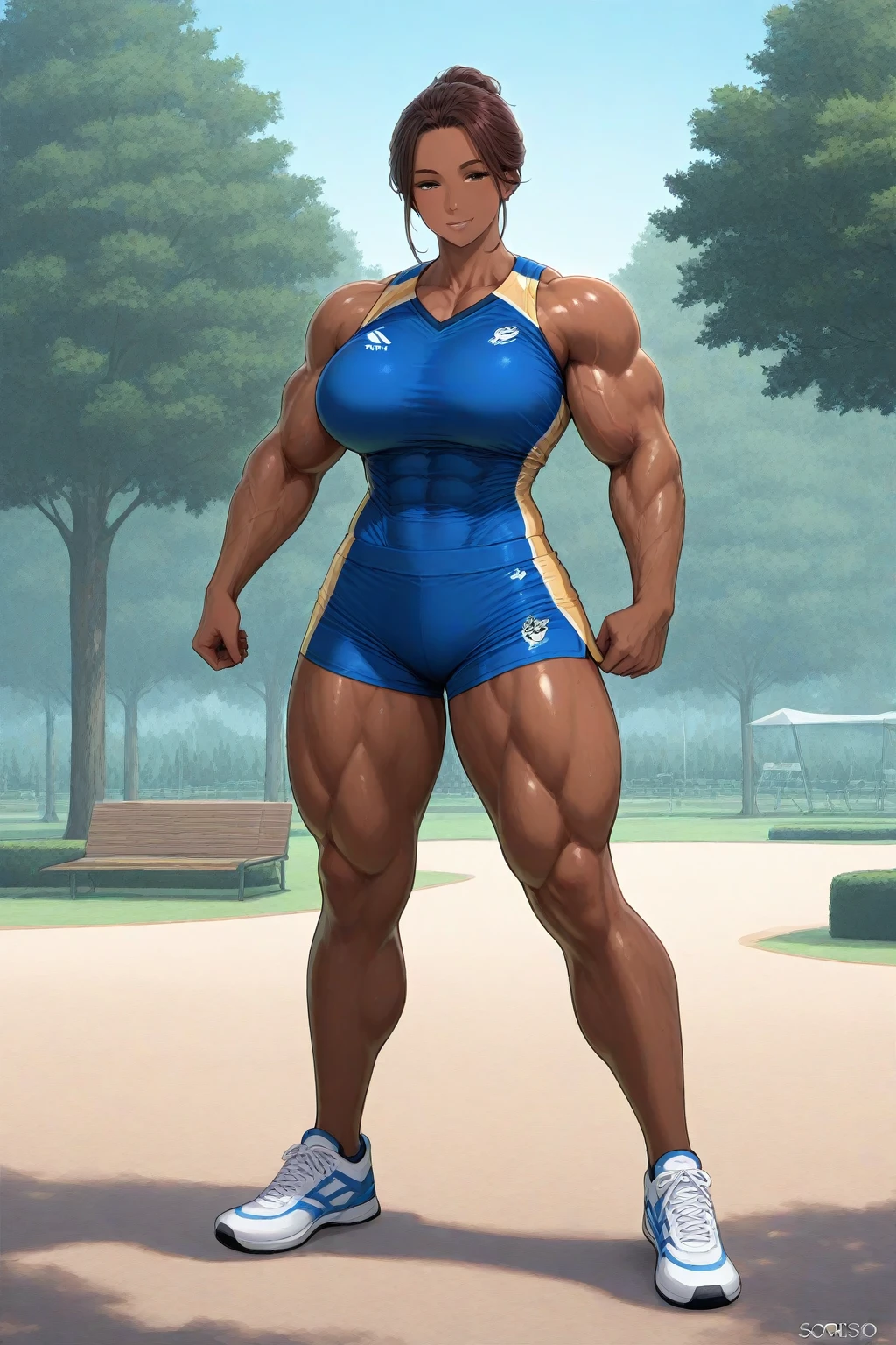 (athletic muscular body), {{{(((african american)))}}}, {{{((( (glossy) (smooth) ((dark brown skin)) )))}}}, (((pro wrestler))), (((kunoichi))), {{{(((19-year-old)))}}},  {{{(((young woman)))}}}, (((tomboy))), (((stoic))), (((bored))), (((emotionless))), (((wolflike))), ( (messy) (curly) (((long))) (dark mint green hair) ), (big intense (silver eyes) ), (small breasts), toned abs, {{{(((strong leg muscles)))}}}, toned biceps, toned forearms, toned deltoids, toned triceps, toned erector spinae, toned rhomboids, toned hamstring muscles, firm muscular glutes ,{{{(((strong back muscles)))}}}, (((thick muscular trapezius))), (((big muscular latissimus))), toned quadriceps, toned gastrocnemius, toned soleus, amazing ass, (((character wearing a (skintight long sleeve (brown with some gray) (fur bodysuit) ) ))), (knee pads), (fingerless gloves), (((combat boots))),  {{{(((folding her arms)))}}}, {{{(((lush fantasy forest village)))}}}, {{{(((standing on a roof)))}}}, {{{(((great anatomy)))}}}, {{{(((high muscle mass)))}}},{{{(((well-trained muscles)))}}}, {{{(((well-toned muscles)))}}}, {{{(((best quality)))}}},  {{{(((masterpiece)))}}}, {{{(((wide shot)))}}}, {{{(((90s anime)))}}},