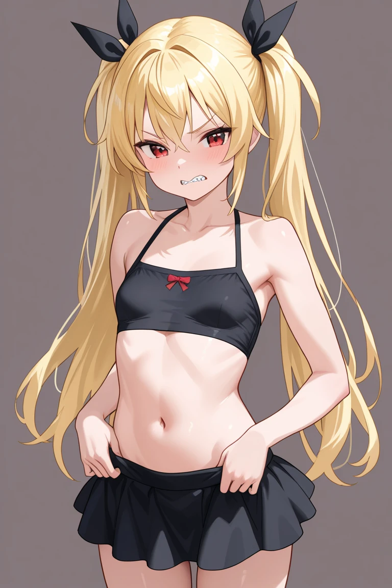 highest quality、Smirking face、Small breasts、belly button、Tucked up、Fox ears、Long blonde、Red Eye、Black camisole、hrine