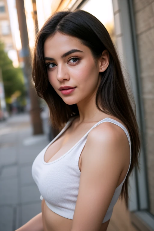 photography of full body stunning girl, in the city, enjoying, girl, summer, hot girl, (((small bust))), brunette hair, long_hair, looks into the camera, full body, symmetrical face, photorealistic, photography, spectacular lighting,, gorgeous, cleavage, western, (masterpice), best quality, high resolution, extremely detailed, skin with pores, blurred background, depth of field, cinematic lighting