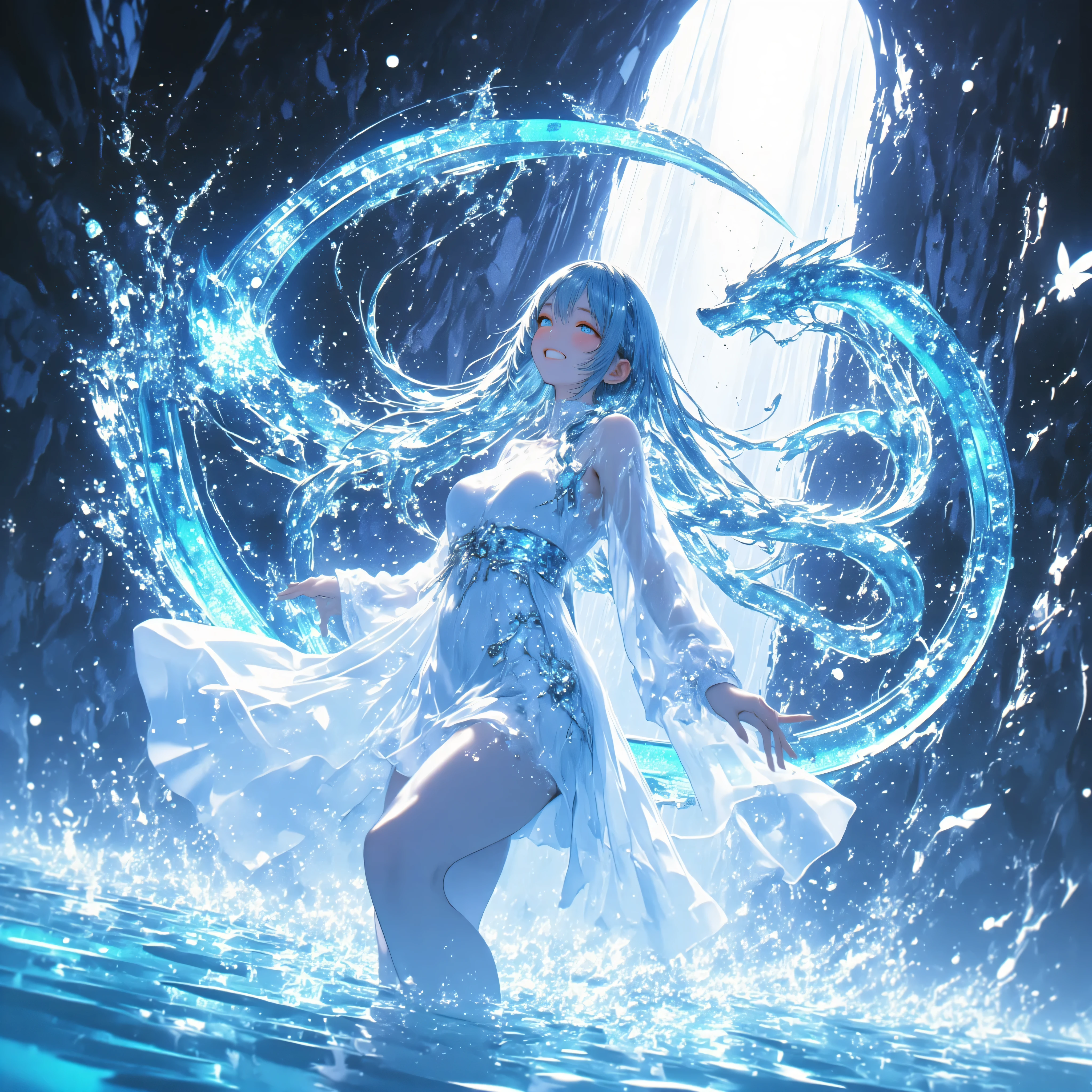 cowboy shot、A crystal cave hidden behind a majestic waterfall, wrapped in soft pale white light from above、A shining wall. beautiful with pale blue skin and long hair A young woman, and her finely woven pale blue hair dances gracefully with a transparent flowing dress. with her sexy, her curved body gracefully extends her arms、dazzling smile, as if merging with the surrounding water. she creates large ripples on the surface, a spectacular water dragon circling through the air, and countless glowing bubbles rise. and a breathtaking fantasy anime-style dynamic magical water effect. magical particles floating in the air are shining, and a magical water slide where little fairies carry joy with delicate feathers. seen from above, her flowing hair, See-Through Dress, and a breathtaking fantasy anime-style dynamic magical water effect. ultra high resolution, very high quality, perfect lighting and composition - a true masterpiece.