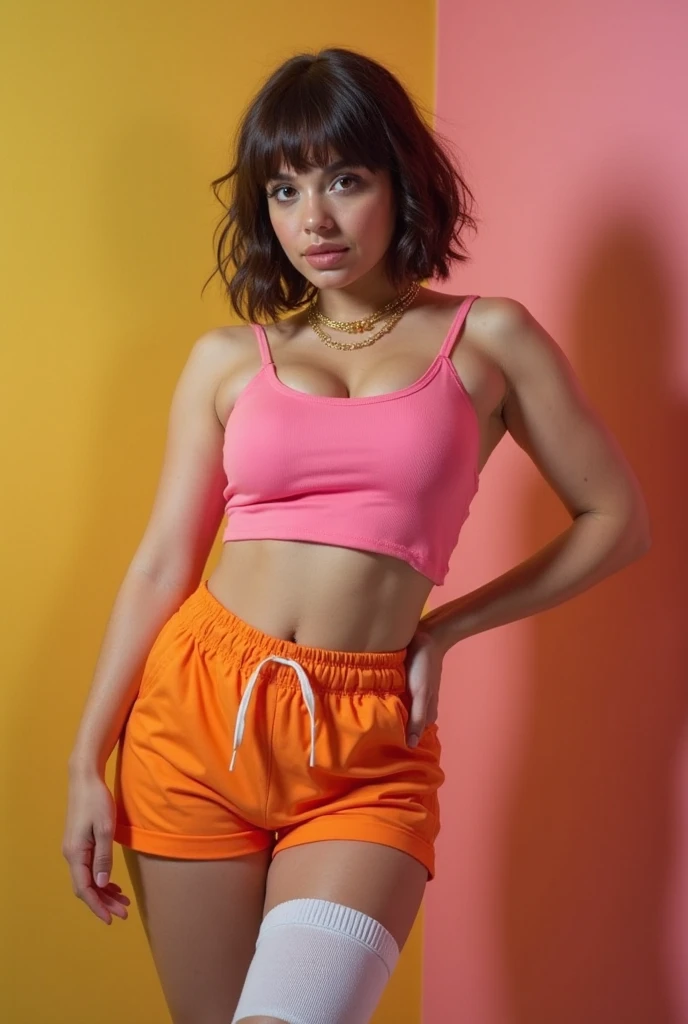 Mexican girl with pink hair, sport yellow outfit,