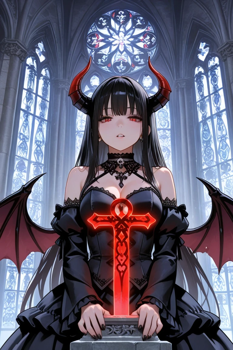 a young japanese girl, demon, demonic wings, abandoned church, full body view, low angle shot, (best quality,4k,8k,highres,masterpiece:1.2),ultra-detailed,(realistic,photorealistic,photo-realistic:1.37),detailed facial features, beautiful intricate eyes, long eyelashes, sharp focus, cinematic lighting, dramatic shadows, moody atmosphere, dark fantasy, gothic, muted color palette, dramatic lighting