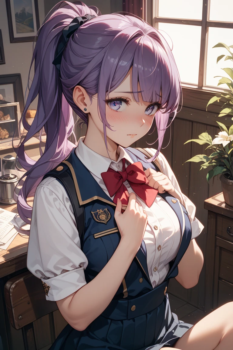 (masterpiece)1 girl, guest secretary, Genshin Impact, best quality, expressive eyes, perfect face, Upper body size, Smile, blush, Wearing an office shirt and getting wet, indoors, Sky, simple background, lie, watch , 明亮的Sky空, watch at viewer, stairs, Moody's Lighting