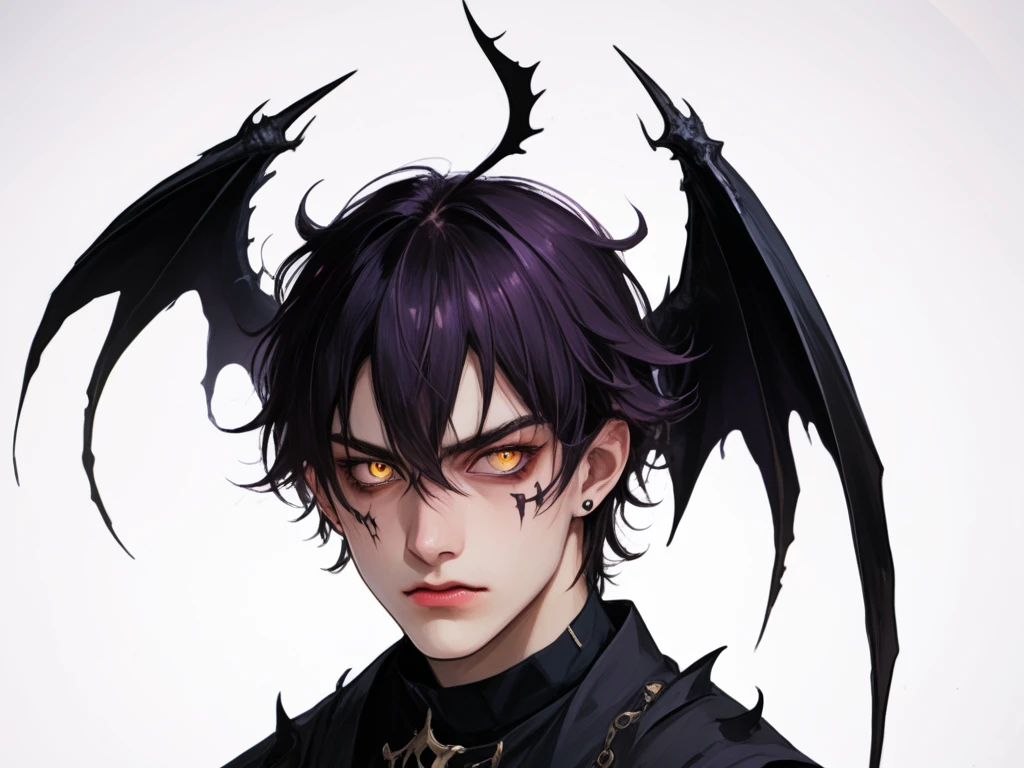 A 22 year old man half HUMANOID BODY has bat ears,has a bat hand,havehave red eyes and black hair, is wearing earing wearing necklace,yakuza style,has bat big wings,have sharp claws