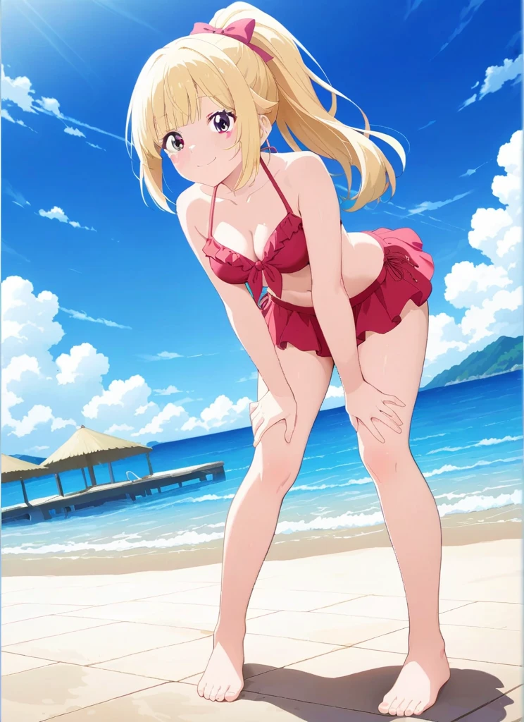 detailed illustration, dynamic angle, ultra-detailed, illustration, 1girl, teen, medium breasts, red bikini, long blonde hair, blue eyes, horny, blush, flush, day, beach,